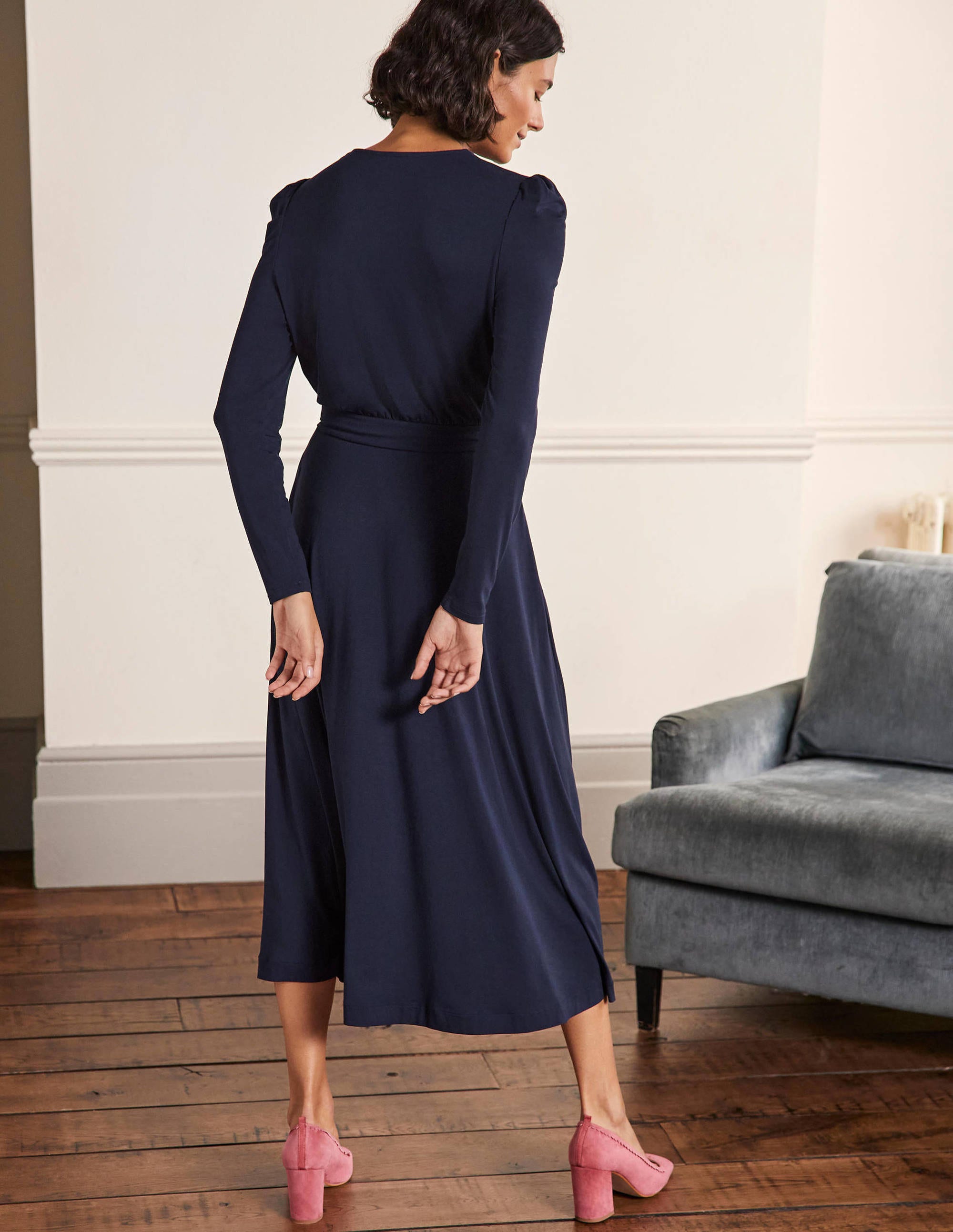 Robe midi en jersey à manches bouffantes-Bleu marine - Image 3