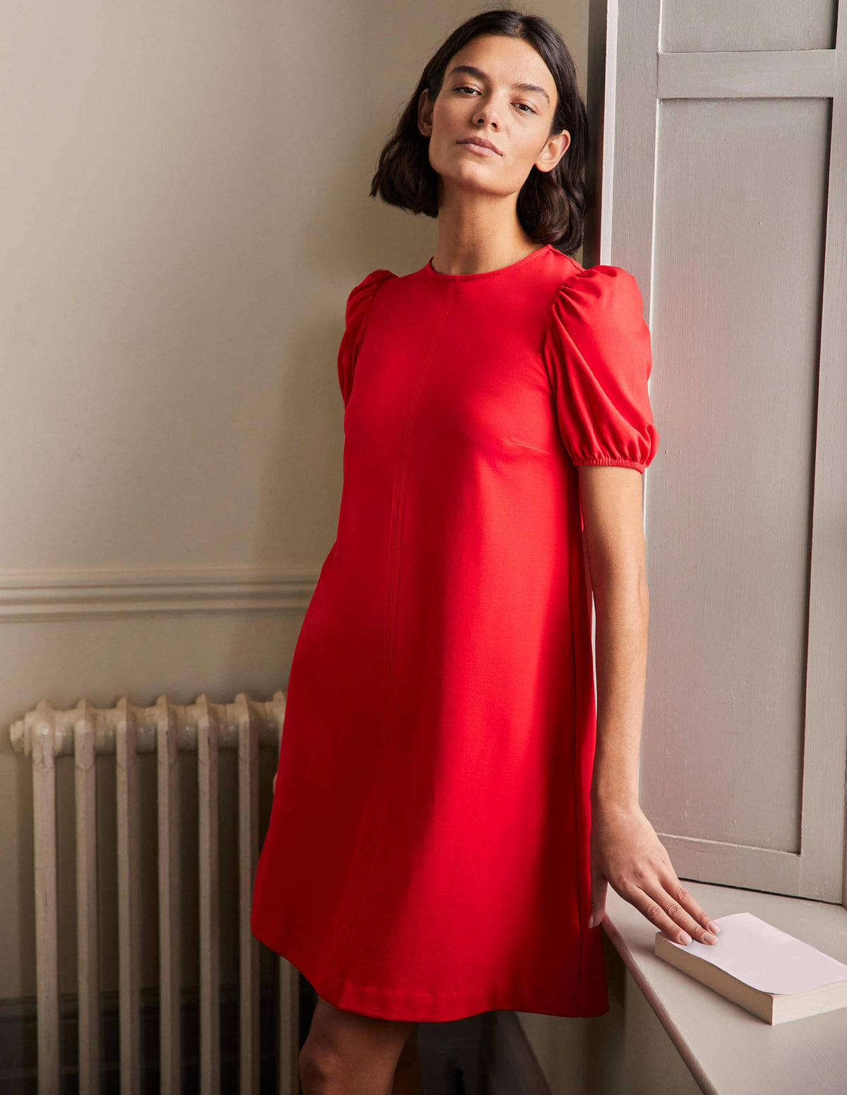 Robe fourreau en jersey à surpiqûres-Rouge-1