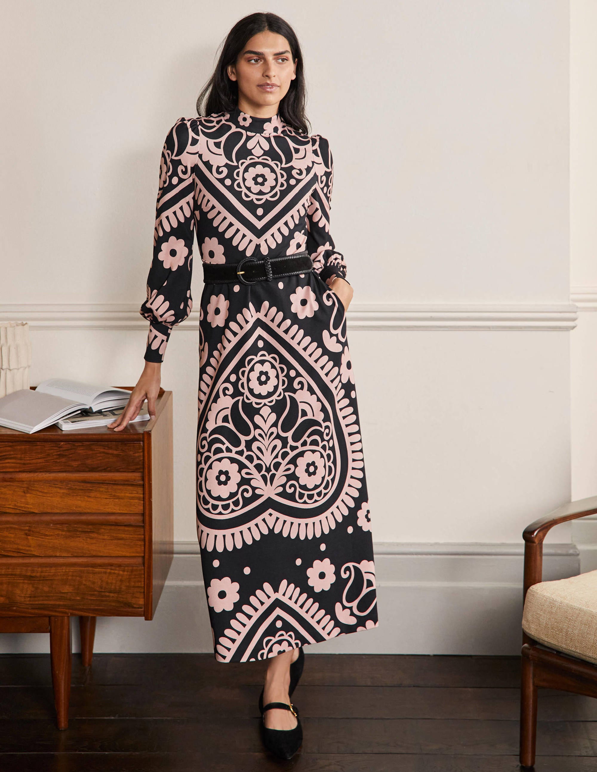 Robe midi en jersey-Noir, motif Floral Heart - Image 1