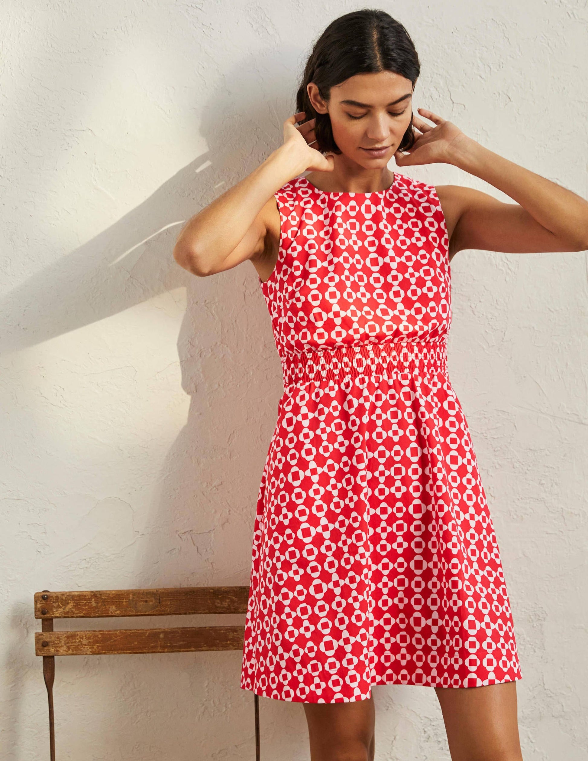 Minikleid mit gesmokter Taille-Helles Korallenrot, Mosaikmuster-4