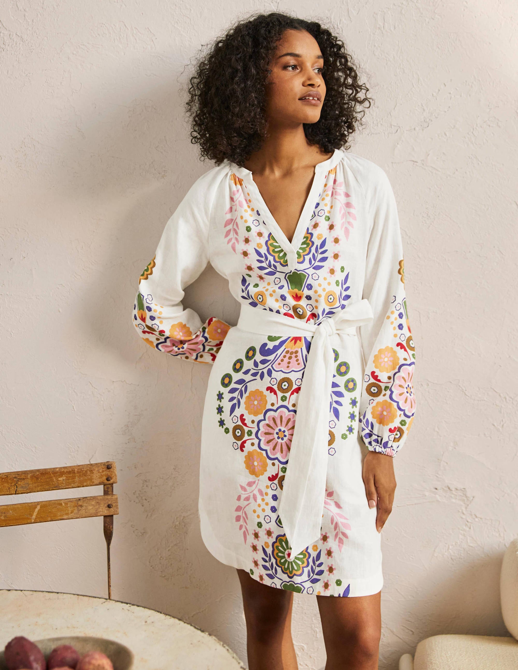 Notch Neck Linen Mini Dress-Ivory, Opulent Garden Dress - Image 1