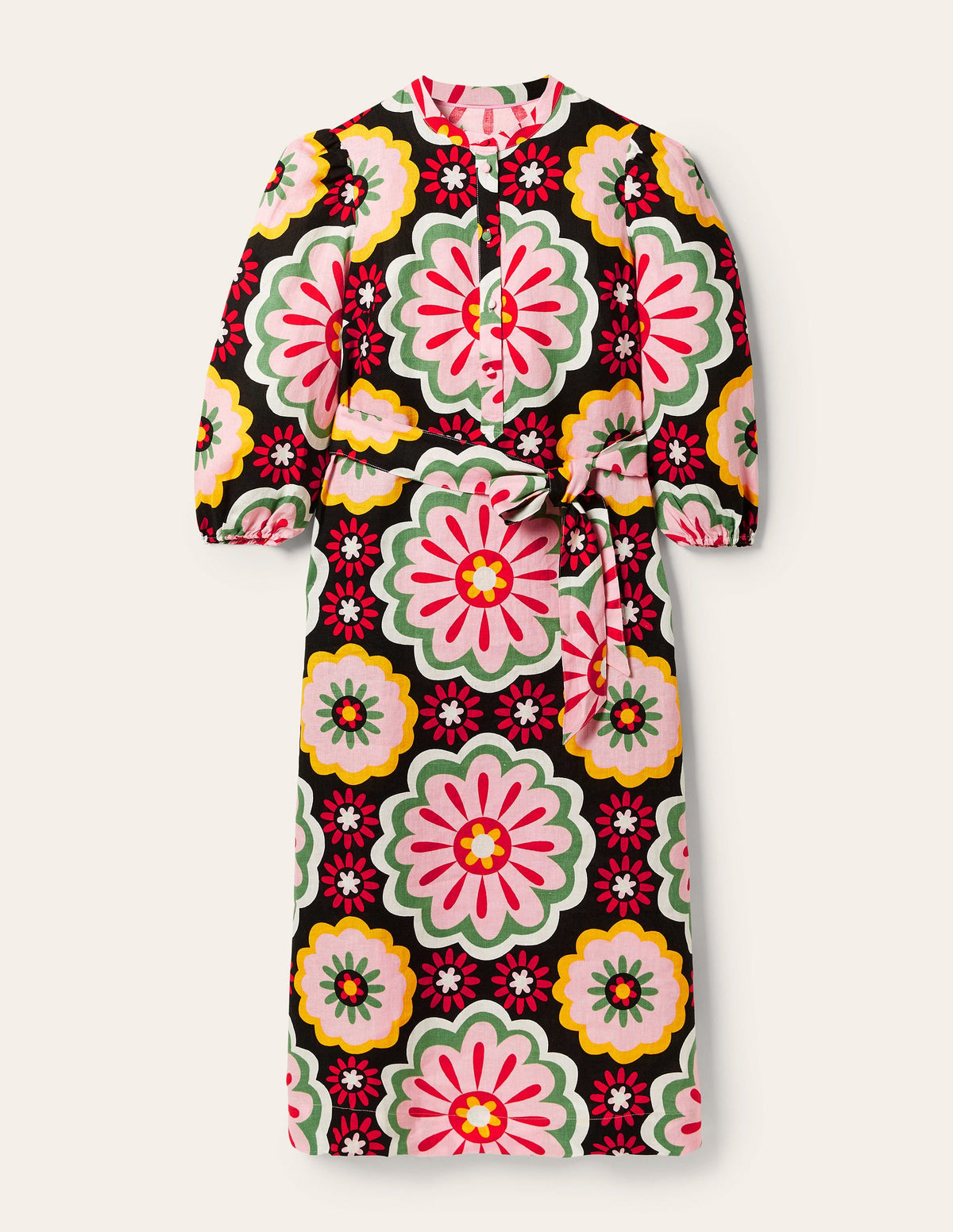 Midi-Hemdblusenkleid aus Leinen-Schwarz, Üppige Gänseblümchen-5
