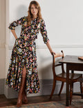 Robe longue boutonnée-Noir, motif Opulent Paradise