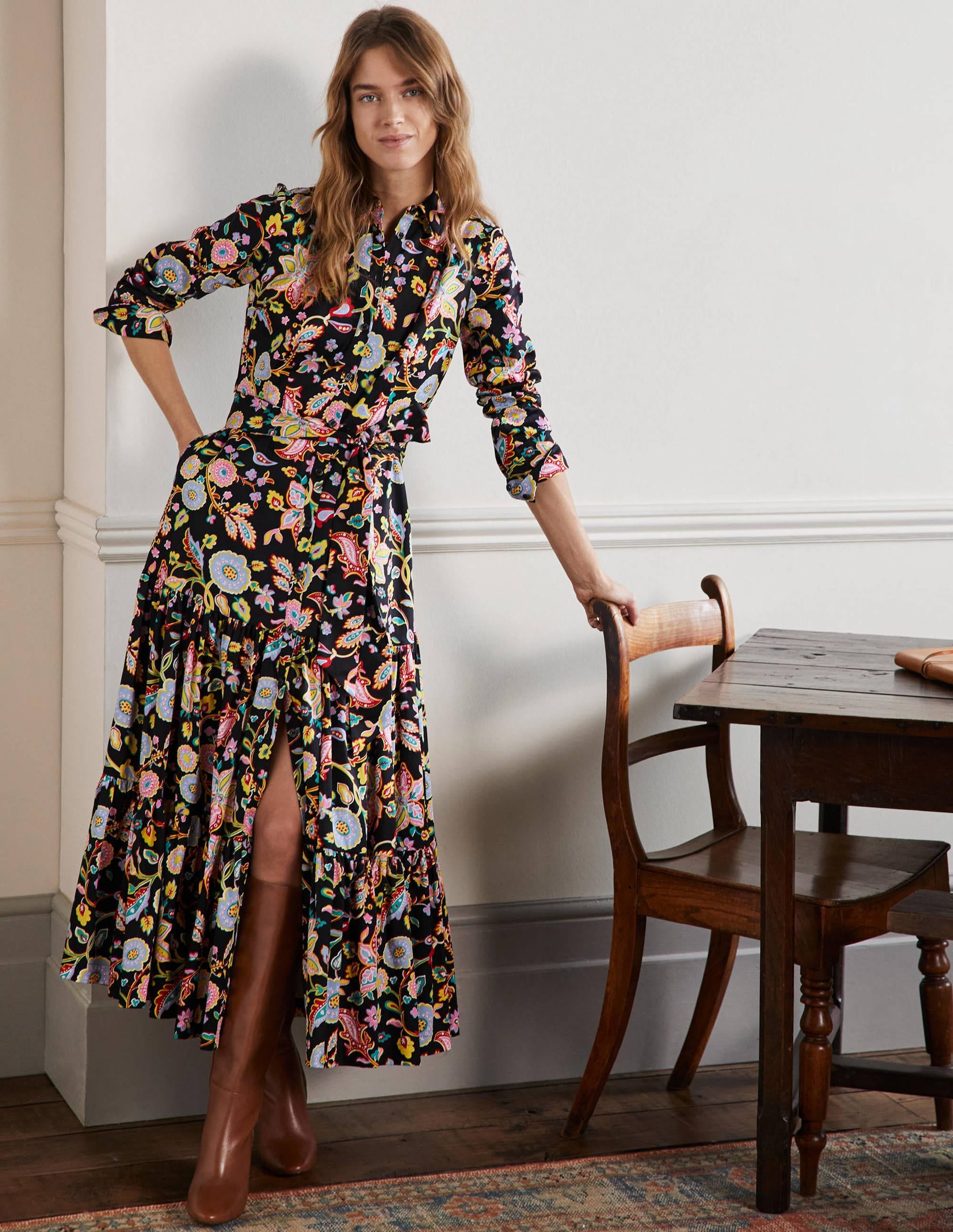 Robe longue boutonnée-Noir, motif Opulent Paradise - Image 1