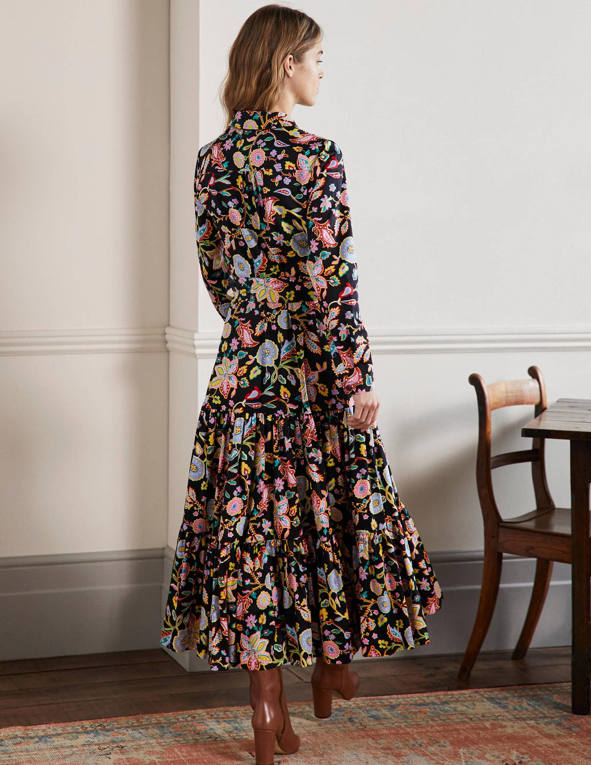 Robe longue boutonnée-Noir, motif Opulent Paradise - Image 3
