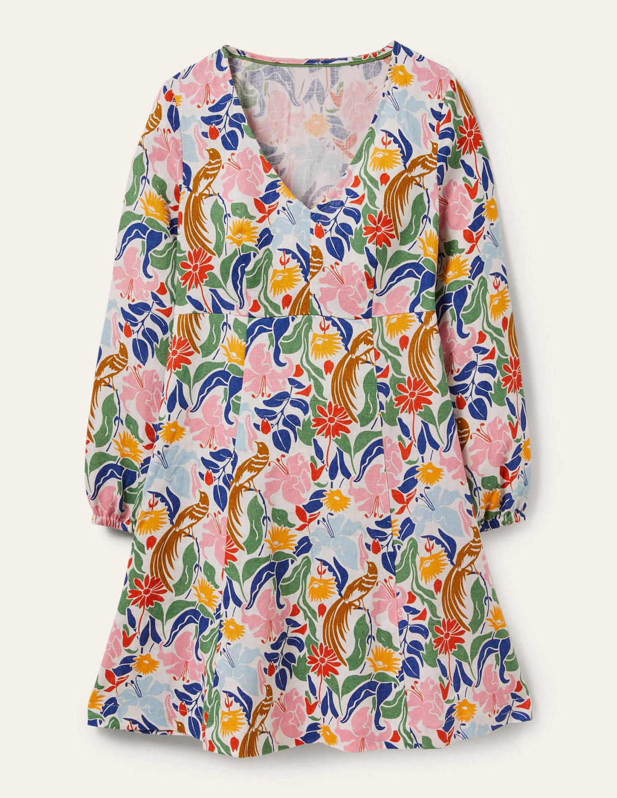 Mini-robe virevoltante à col V-Ivoire, oiseau oriental-5