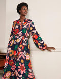 Robe midi à manches blousantes-Bleu marine foncé, motif Flora Bloom