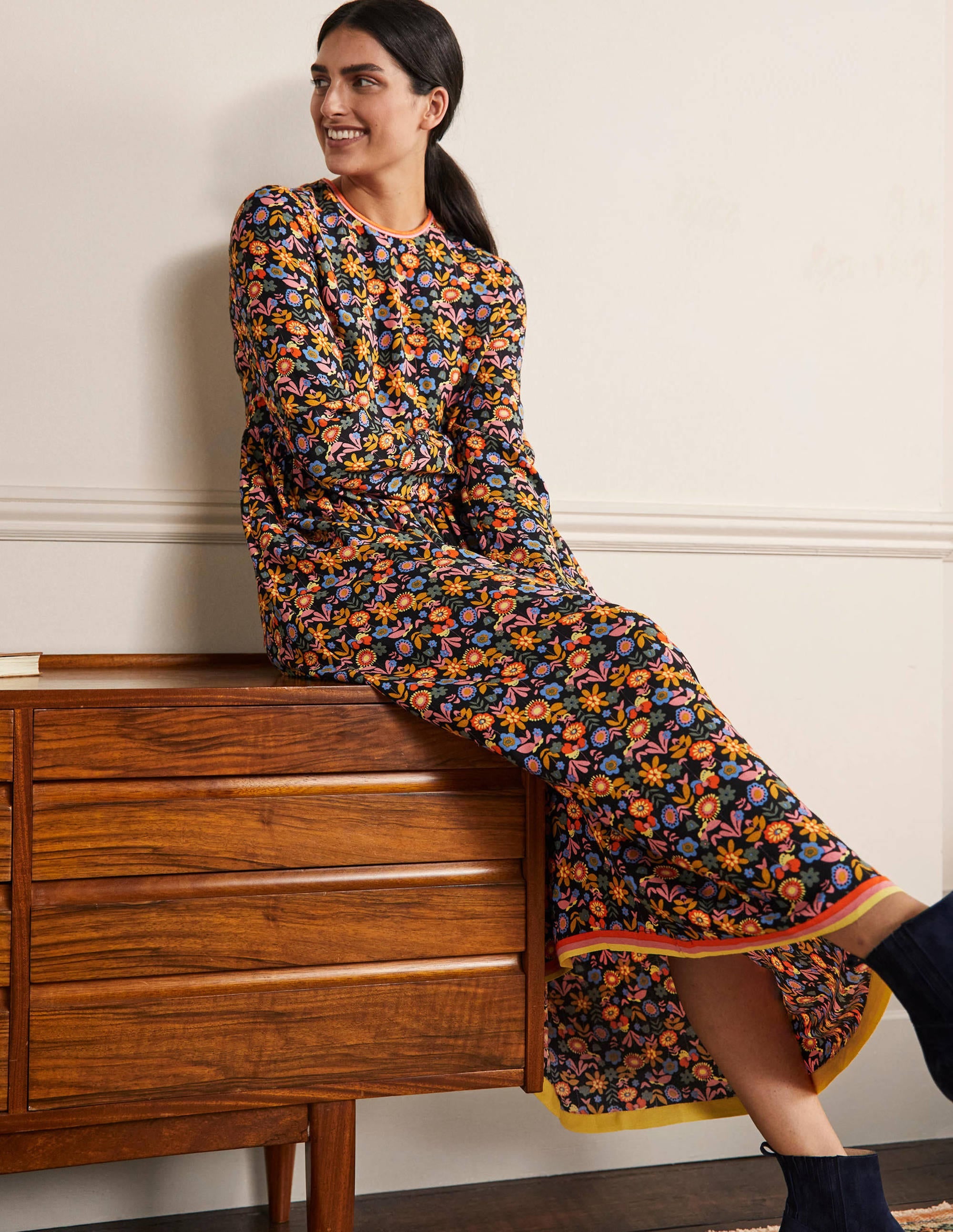 Trim Detail Maxi Dress-Black, Multi Flora Bloom - Image 1