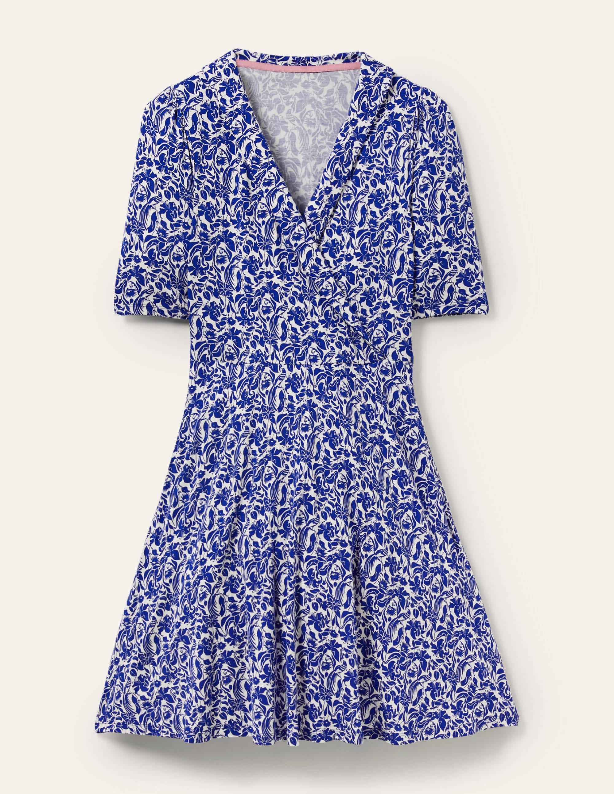 Fixed Wrap Jersey Dress-Blue Wave, Oriental Bird - Image 5