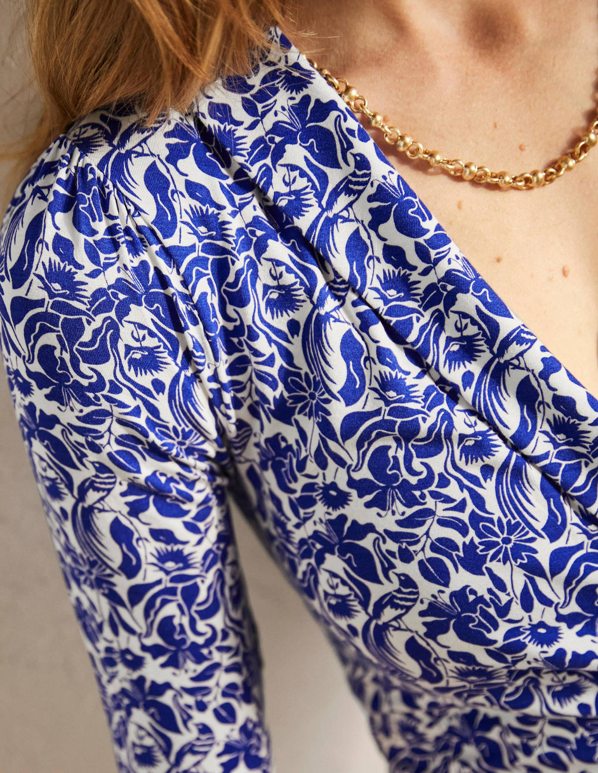 Fixed Wrap Jersey Dress-Blue Wave, Oriental Bird - Image 2