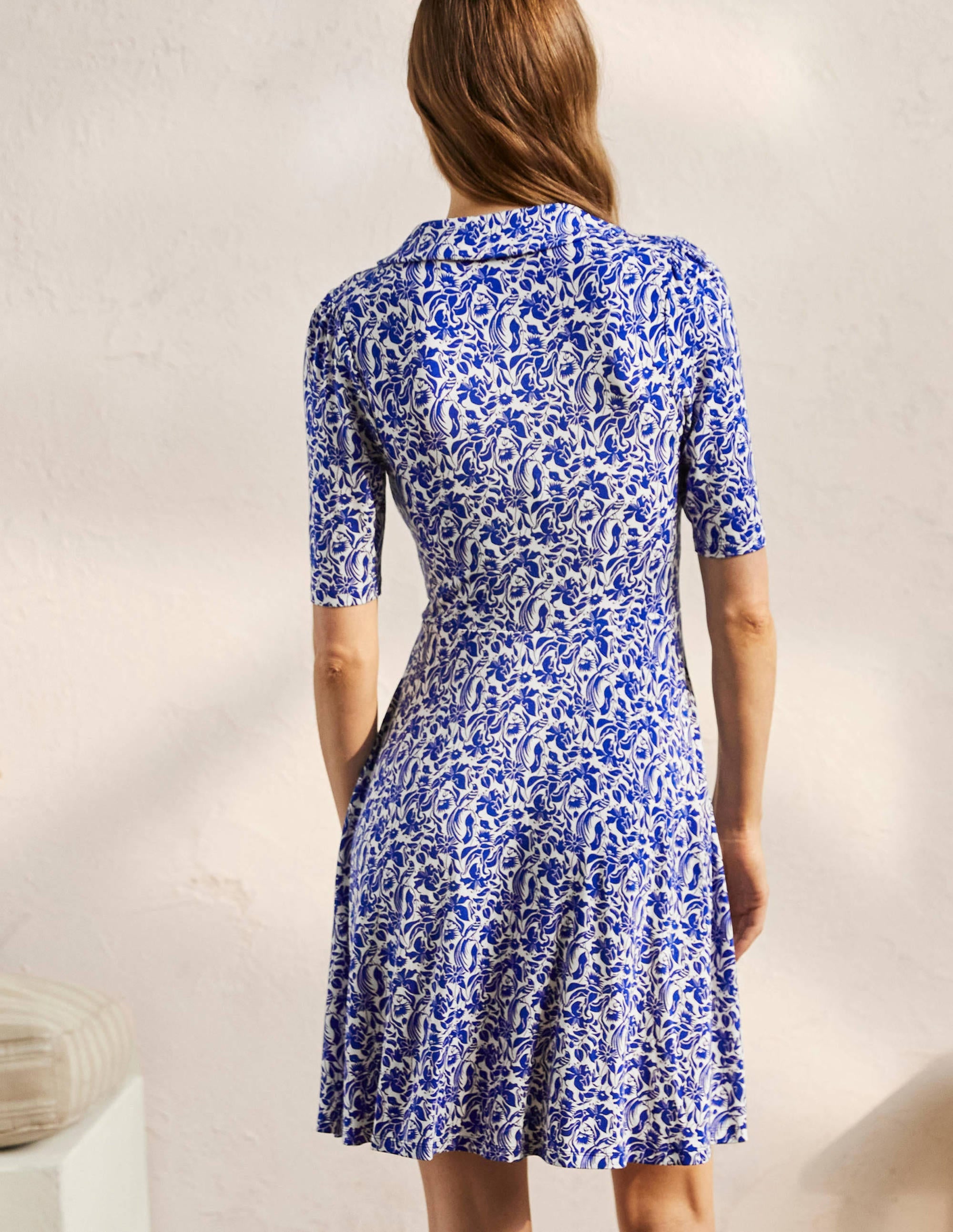 Fixed Wrap Jersey Dress-Blue Wave, Oriental Bird - Image 3