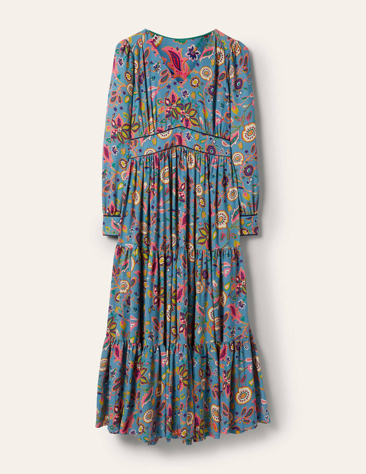Gestuftes Midikleid mit V-Ausschnitt-Graublau, Üppiges Paradiesmuster - Image 5