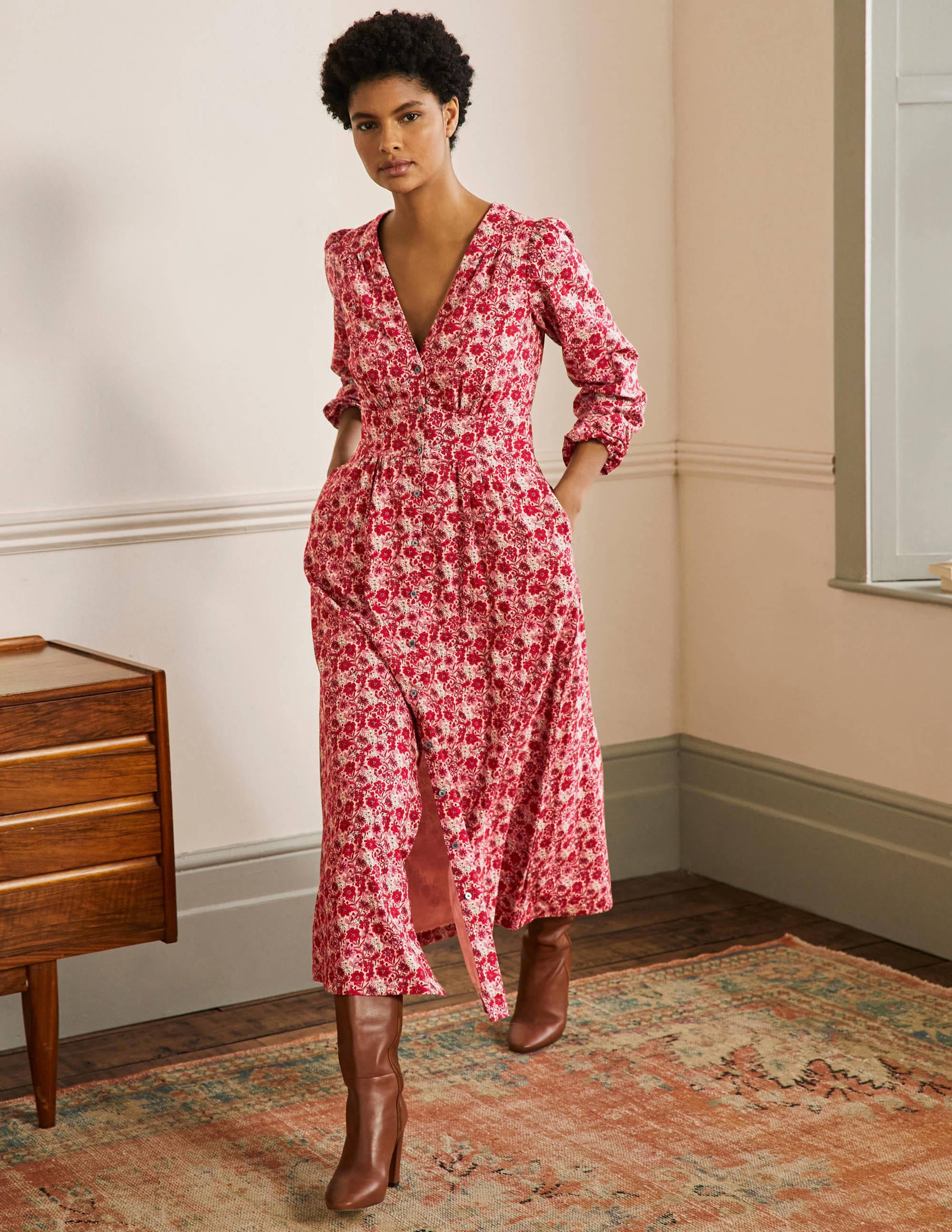 Button Through Maxi Tea Dress-Red, Floret Bloom - Image 1