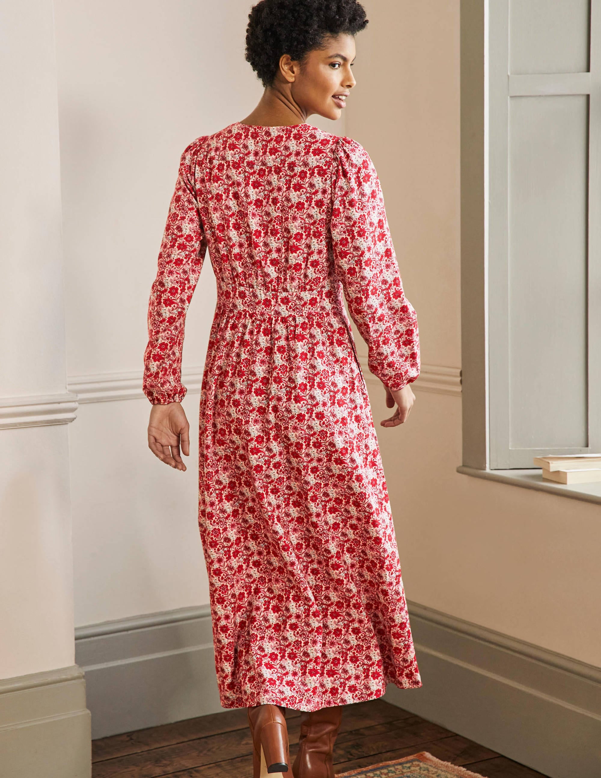Button Through Maxi Tea Dress-Red, Floret Bloom - Image 3