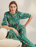 Jersey-Midikleid mit Smokausschnitt-Schottengrün, Blumenmuster