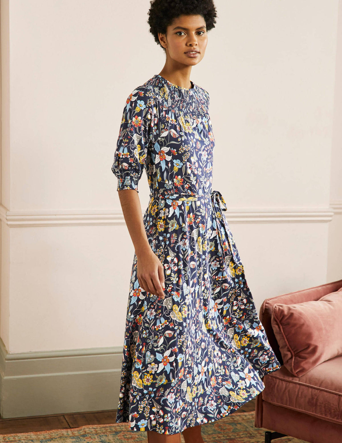 Jersey-Midikleid mit Smokausschnitt-Französisches Navy, Blumenmuster-1