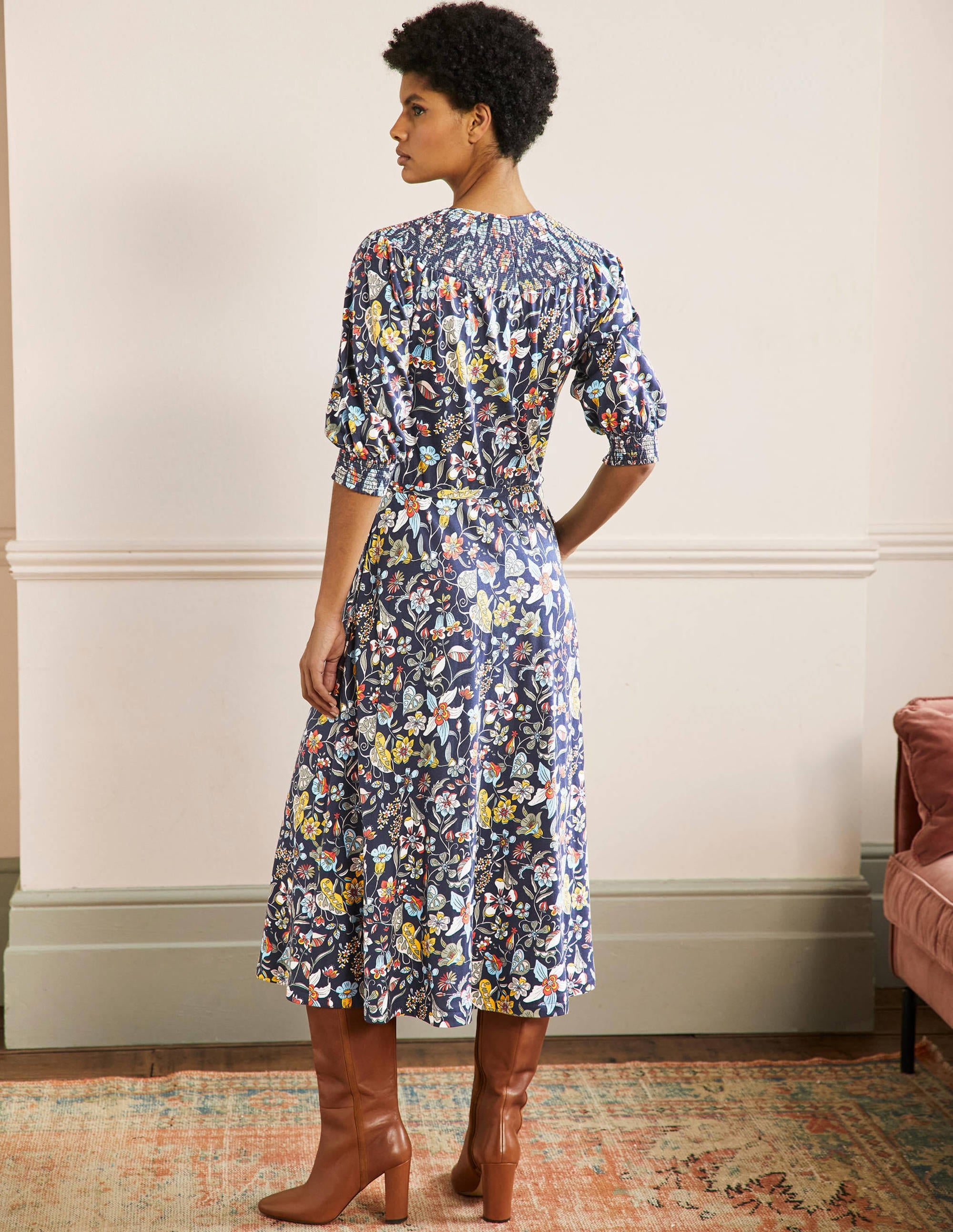Jersey-Midikleid mit Smokausschnitt-Französisches Navy, Blumenmuster - Image 3