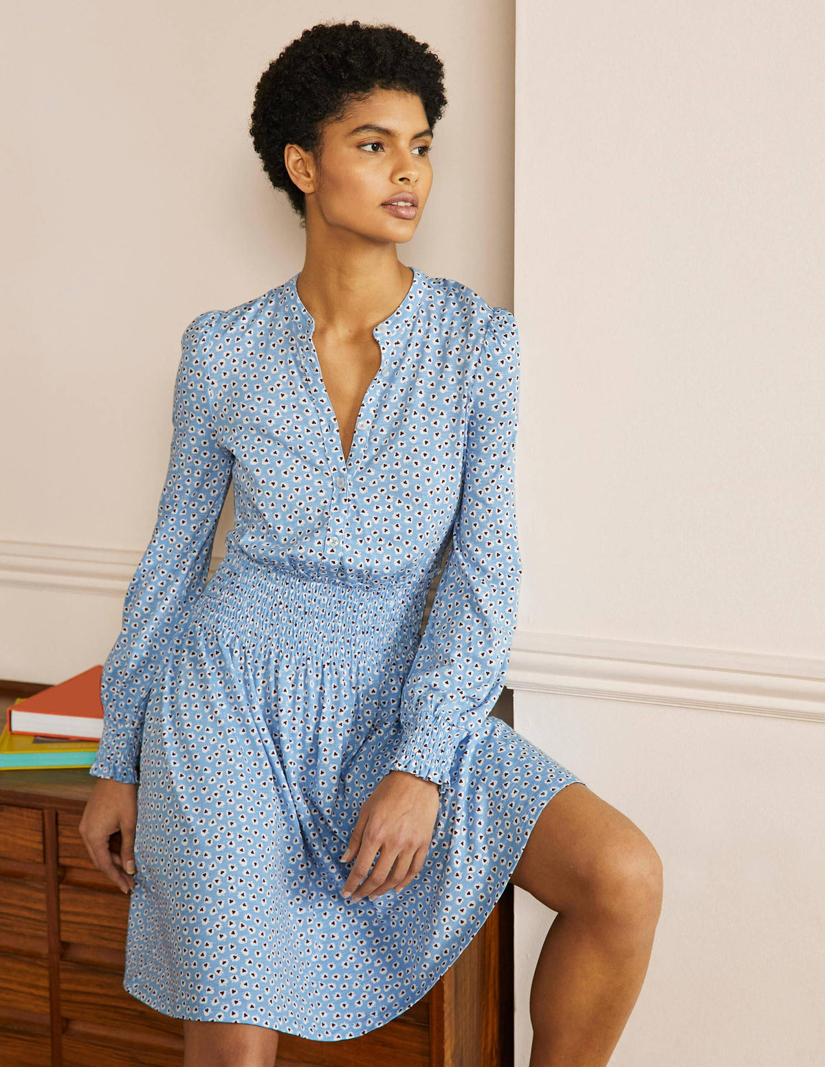 Robe-chemise à smocks en jersey-Bleu ancien, feuille cordiforme - Image 1