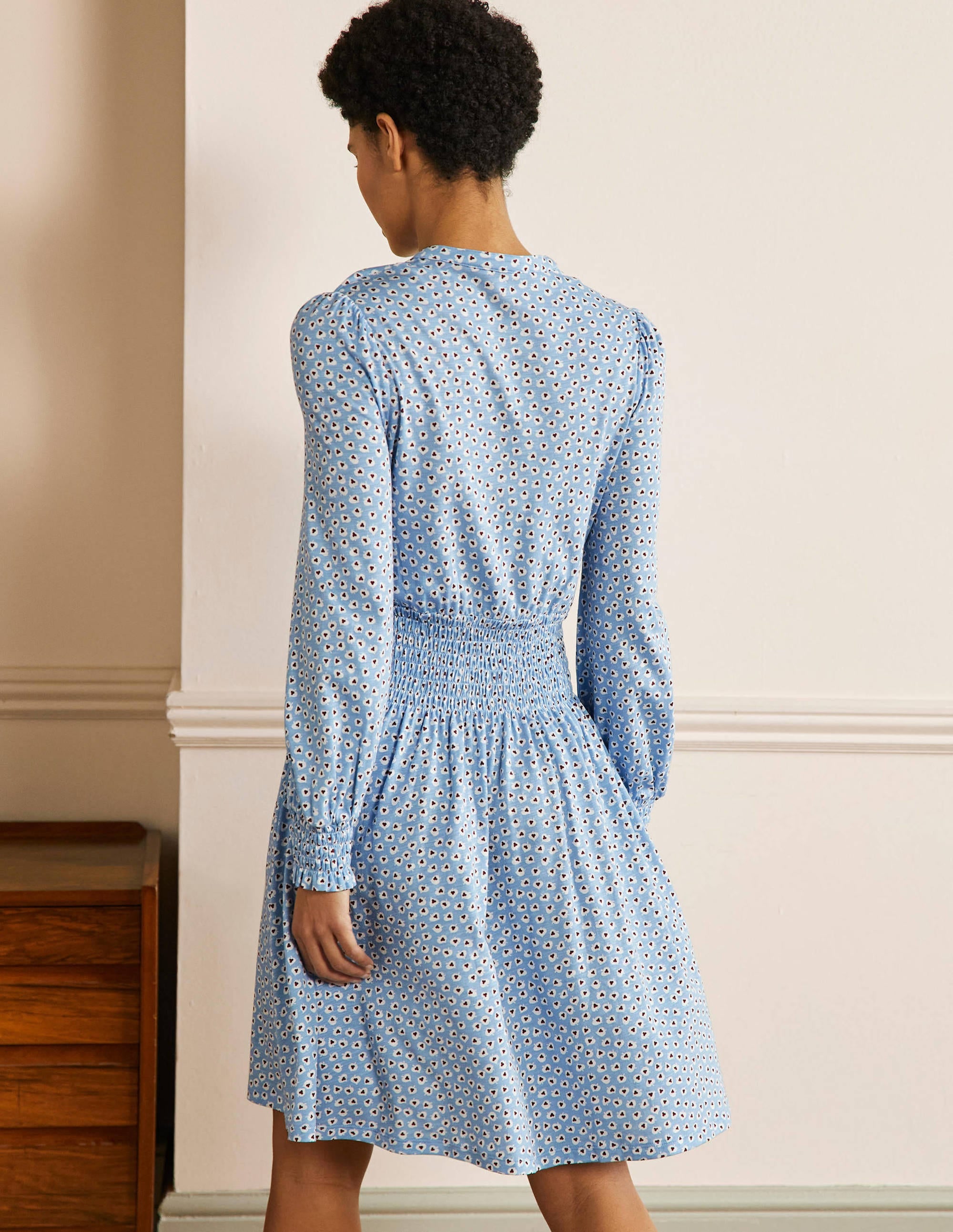 Robe-chemise à smocks en jersey-Bleu ancien, feuille cordiforme - Image 3