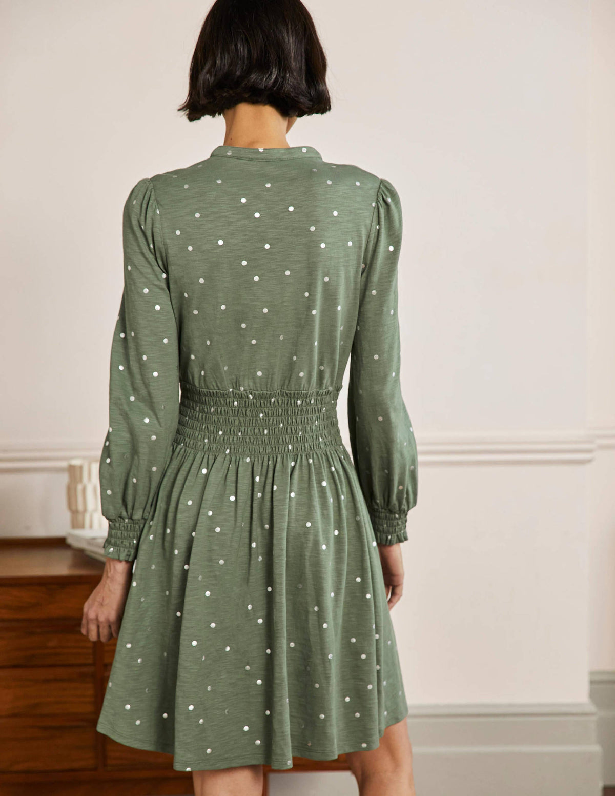 Robe-chemise à smocks en jersey-Aulne, pois-3