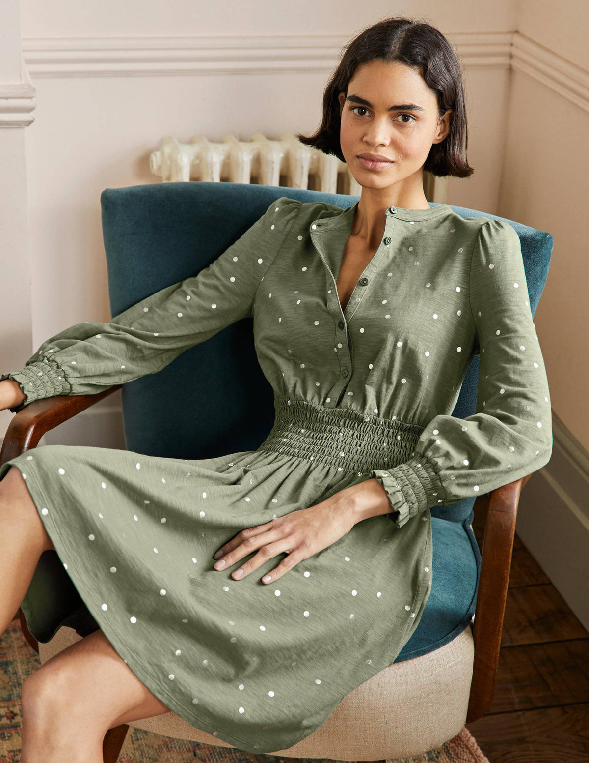 Robe-chemise à smocks en jersey-Aulne, pois-4