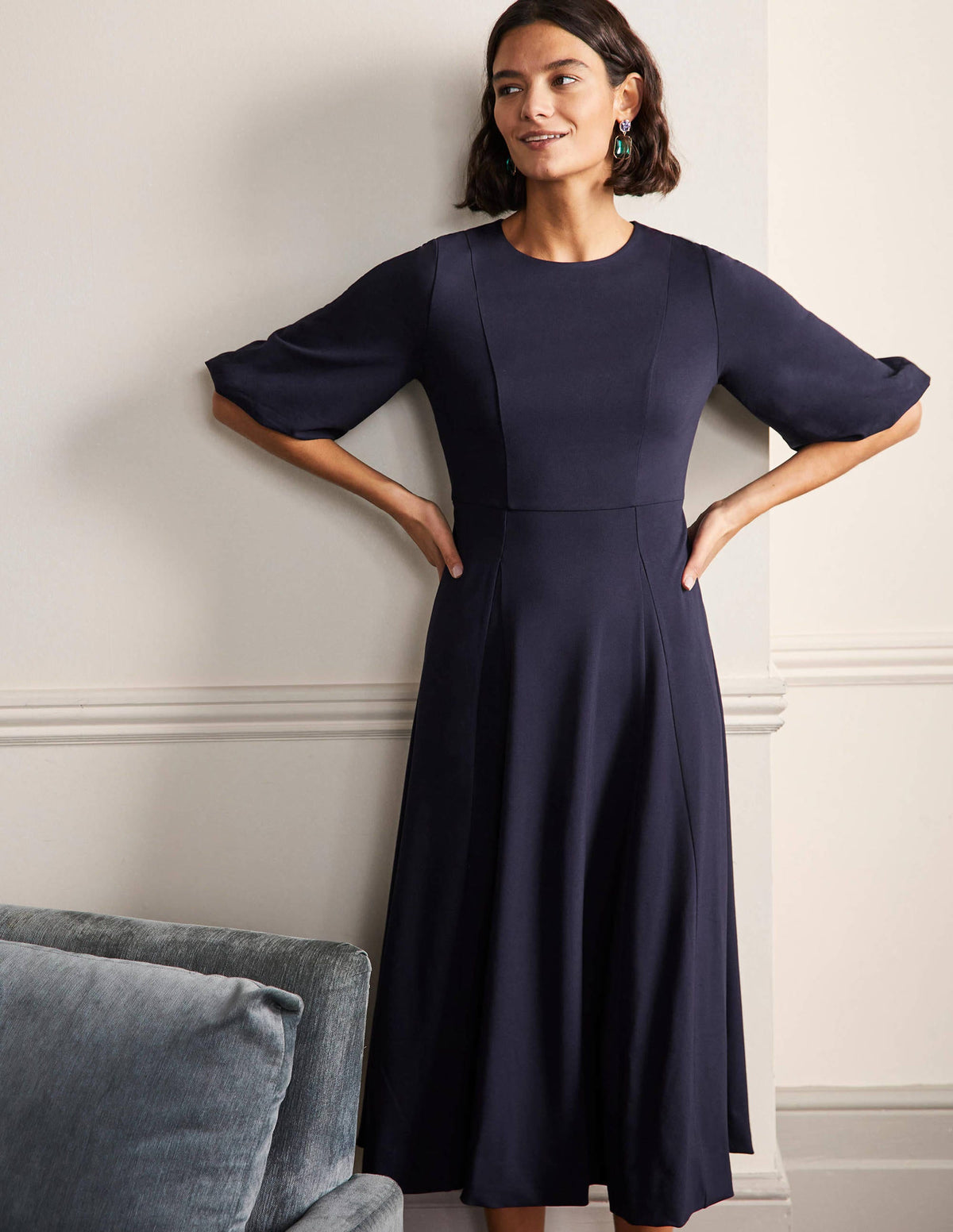 Full Skirt Jersey Midi Dress-Navy - Image 1