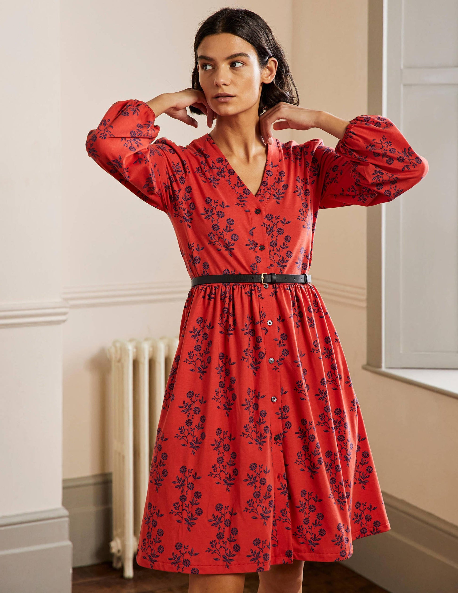 Jerseykleid mit durchgängiger Knopfleiste-Rot, Gruppierte Blätter-1