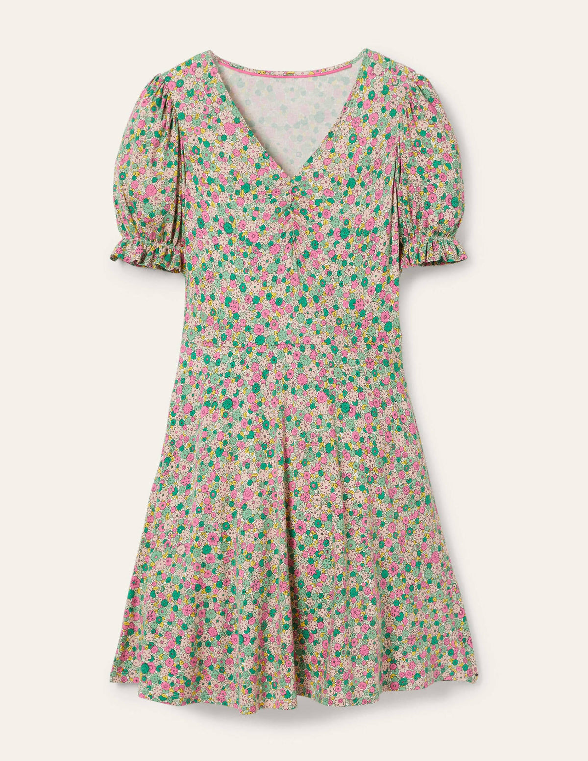 Jerseykleid mit V-Ausschnitt-Schottengrün, Gruppierte Blumen - Image 5