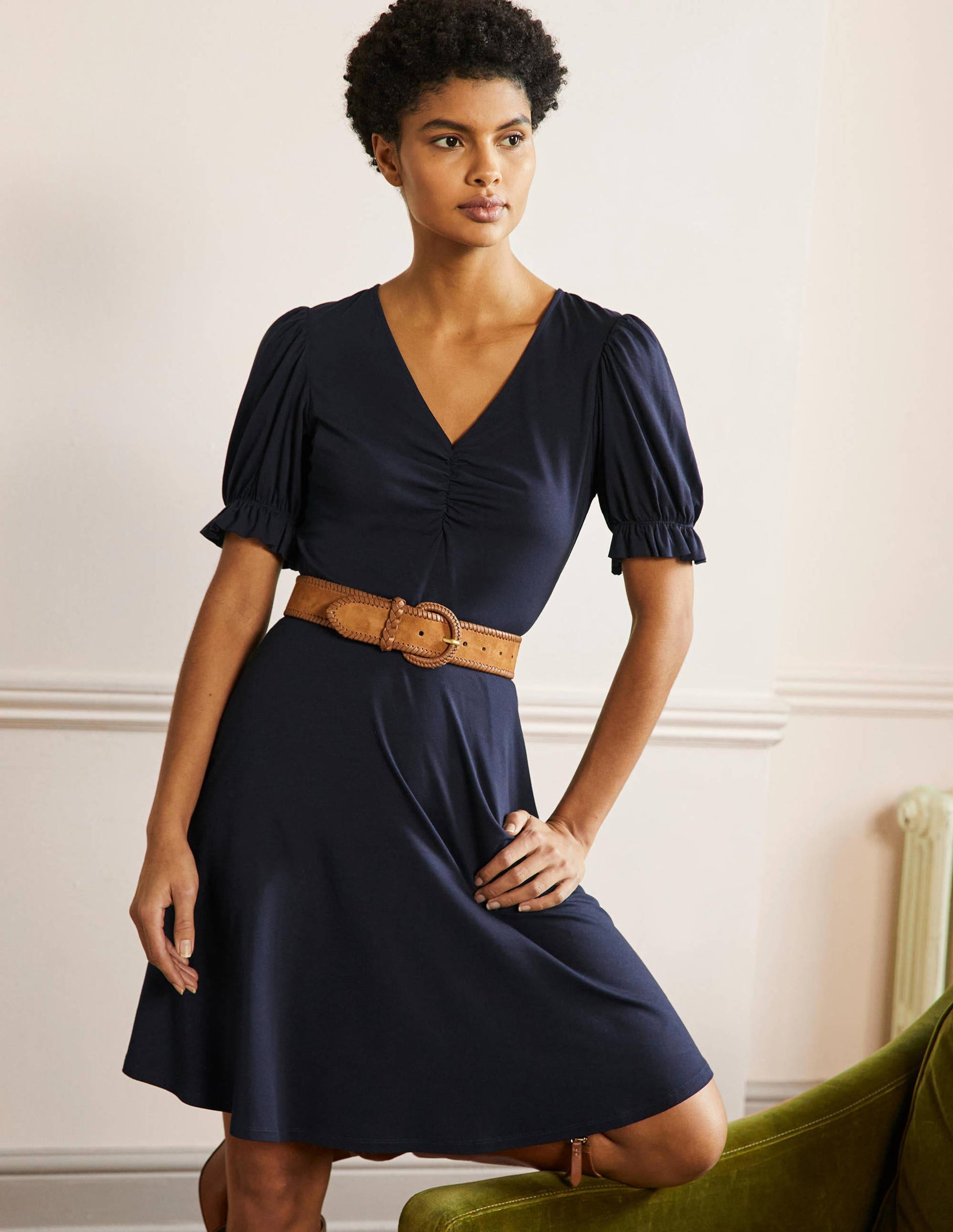 Jerseykleid mit V-Ausschnitt-Marineblau-1