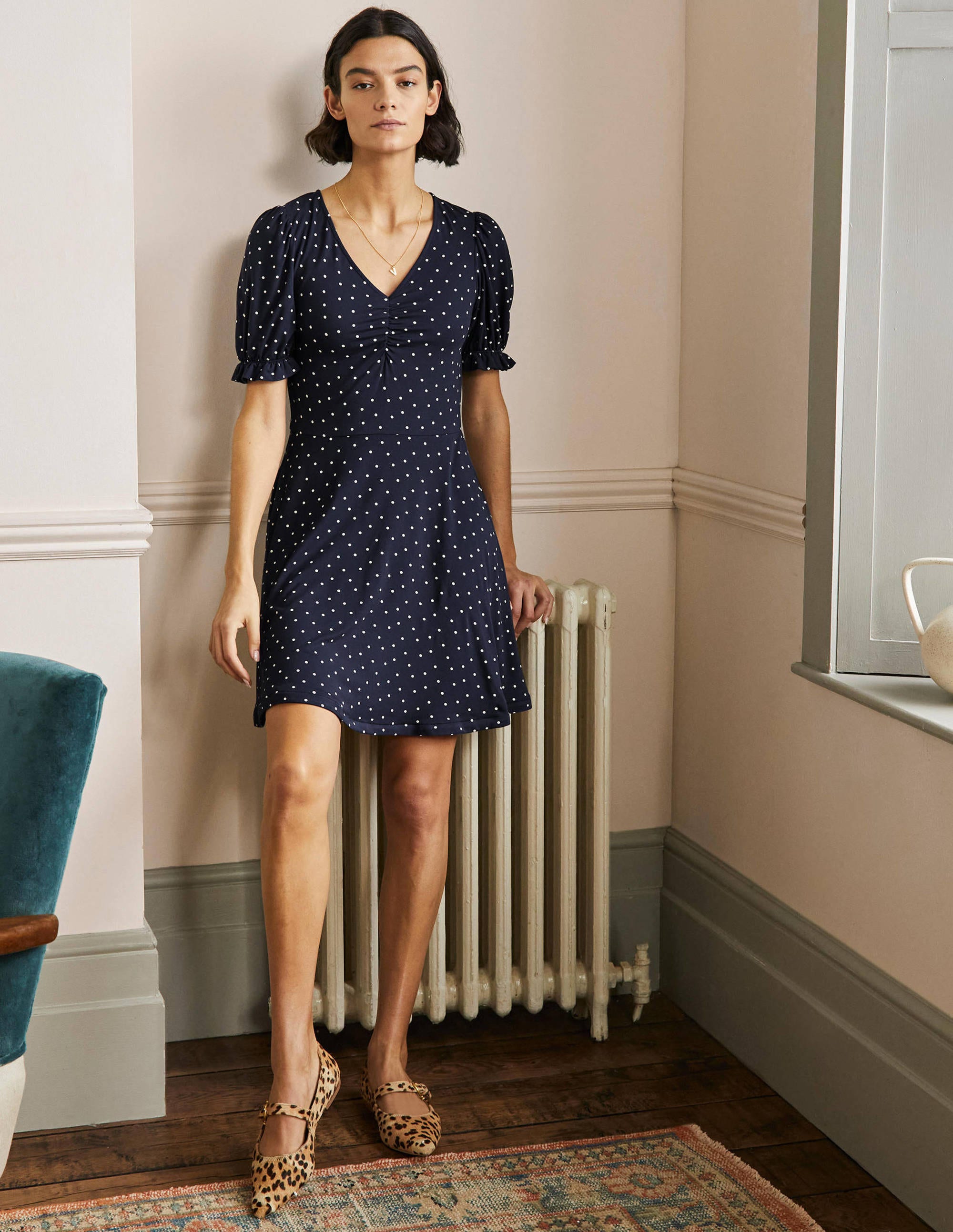 Jerseykleid mit V-Ausschnitt-Navy, Pünktchen - Image 4