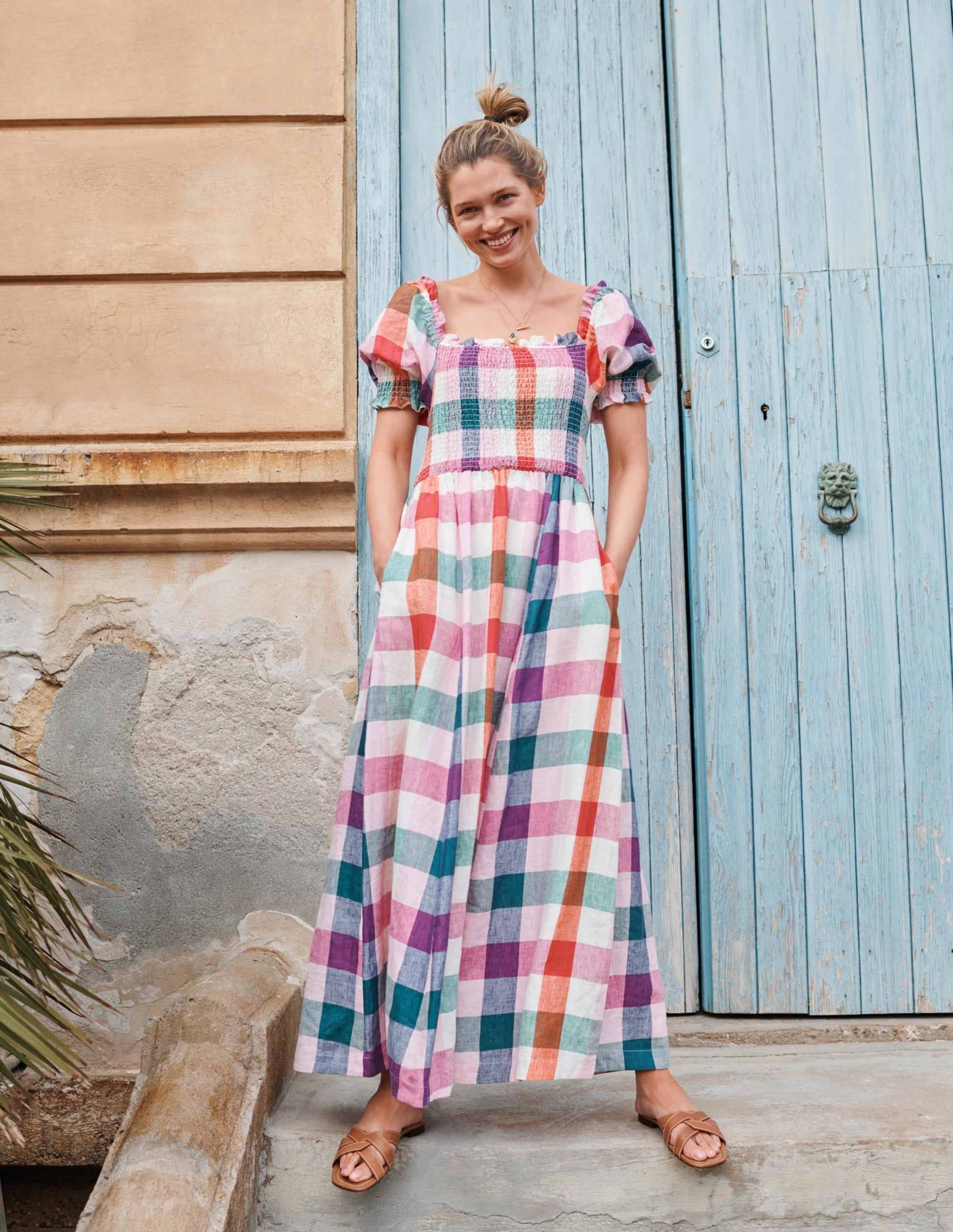 Robe midi avec corsage à smocks-Bonbon et flambé-7