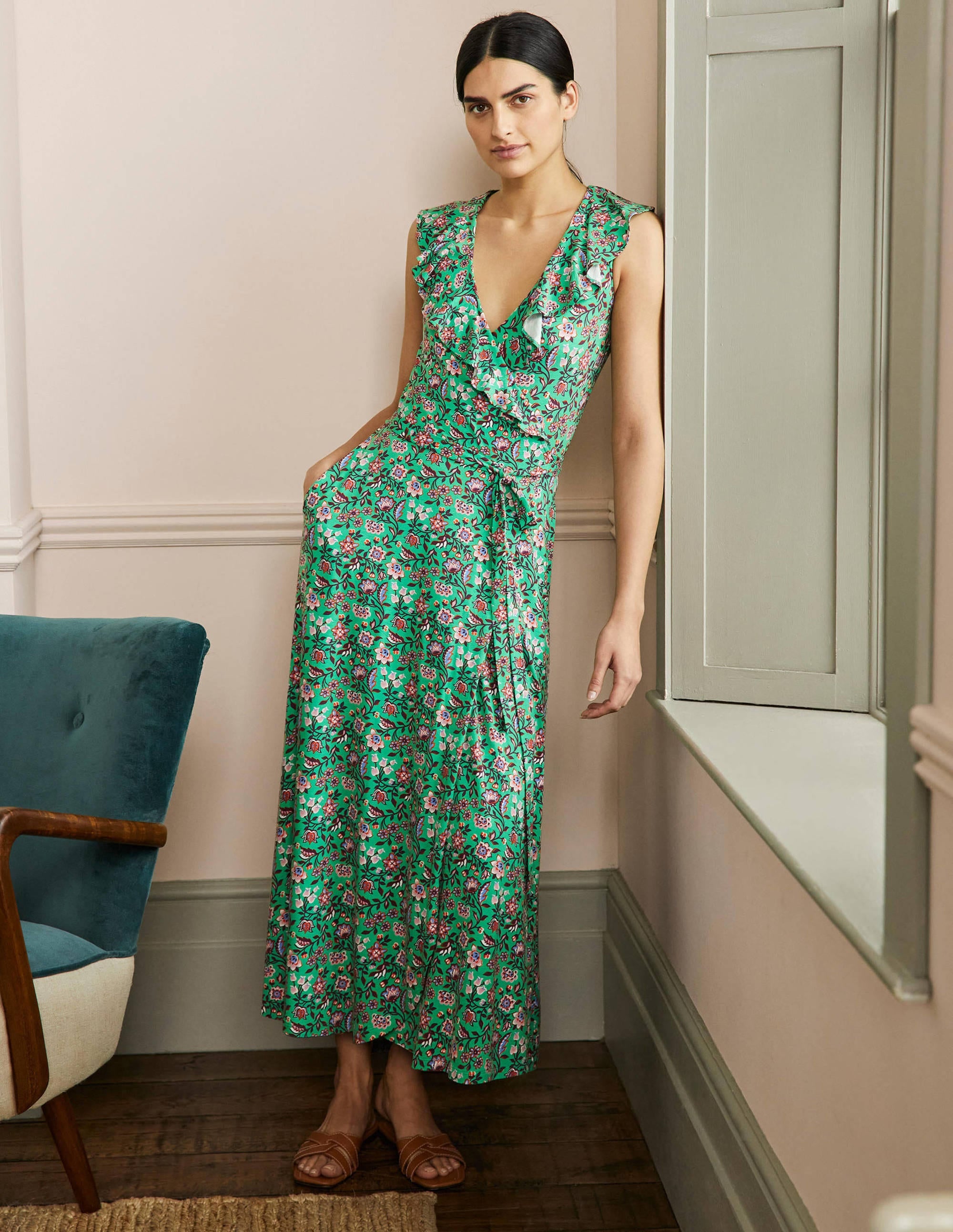 Saskia Maxi-Wickelkleid aus Jersey-Grüne Lagune, Orientalische Wiese - Image 1