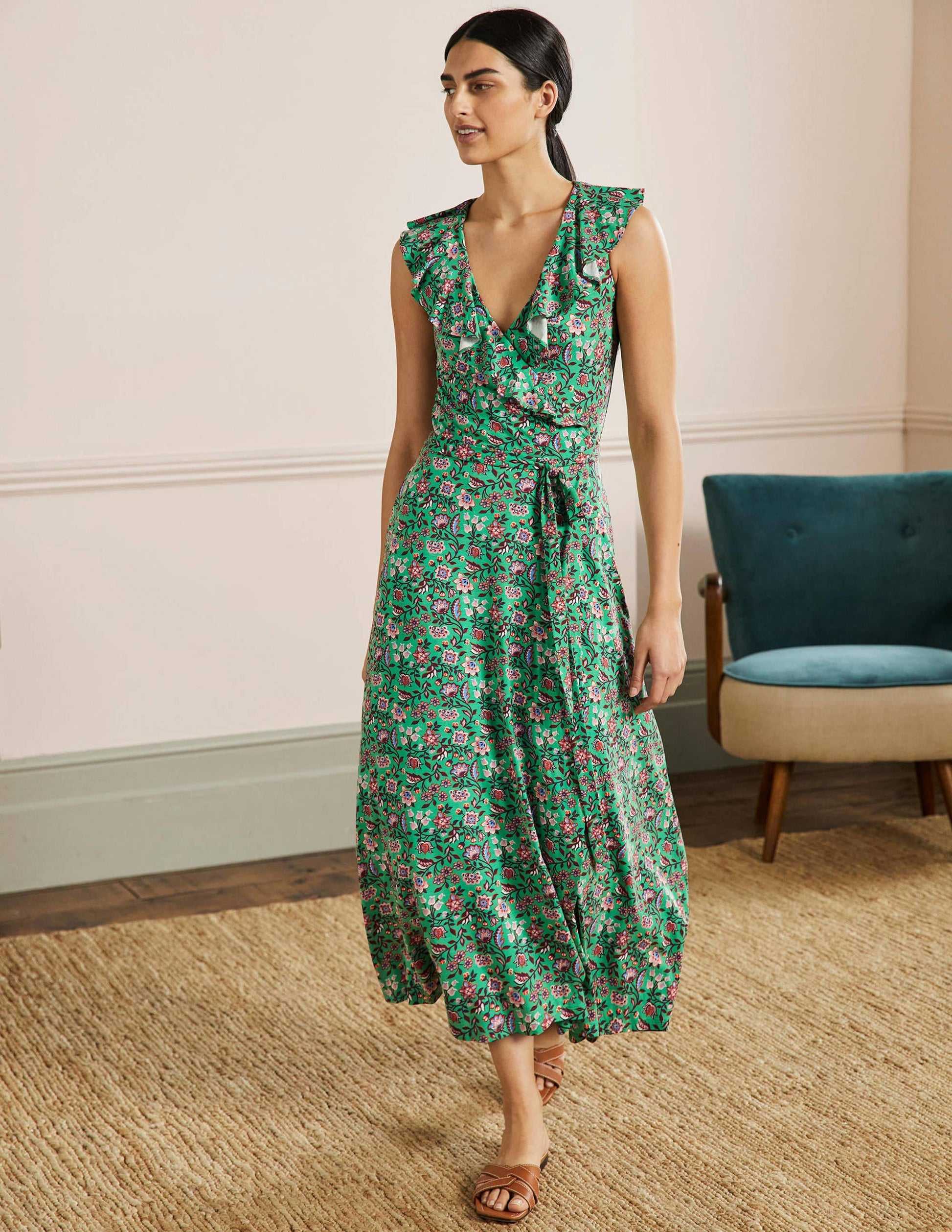 Saskia Maxi-Wickelkleid aus Jersey-Grüne Lagune, Orientalische Wiese-4