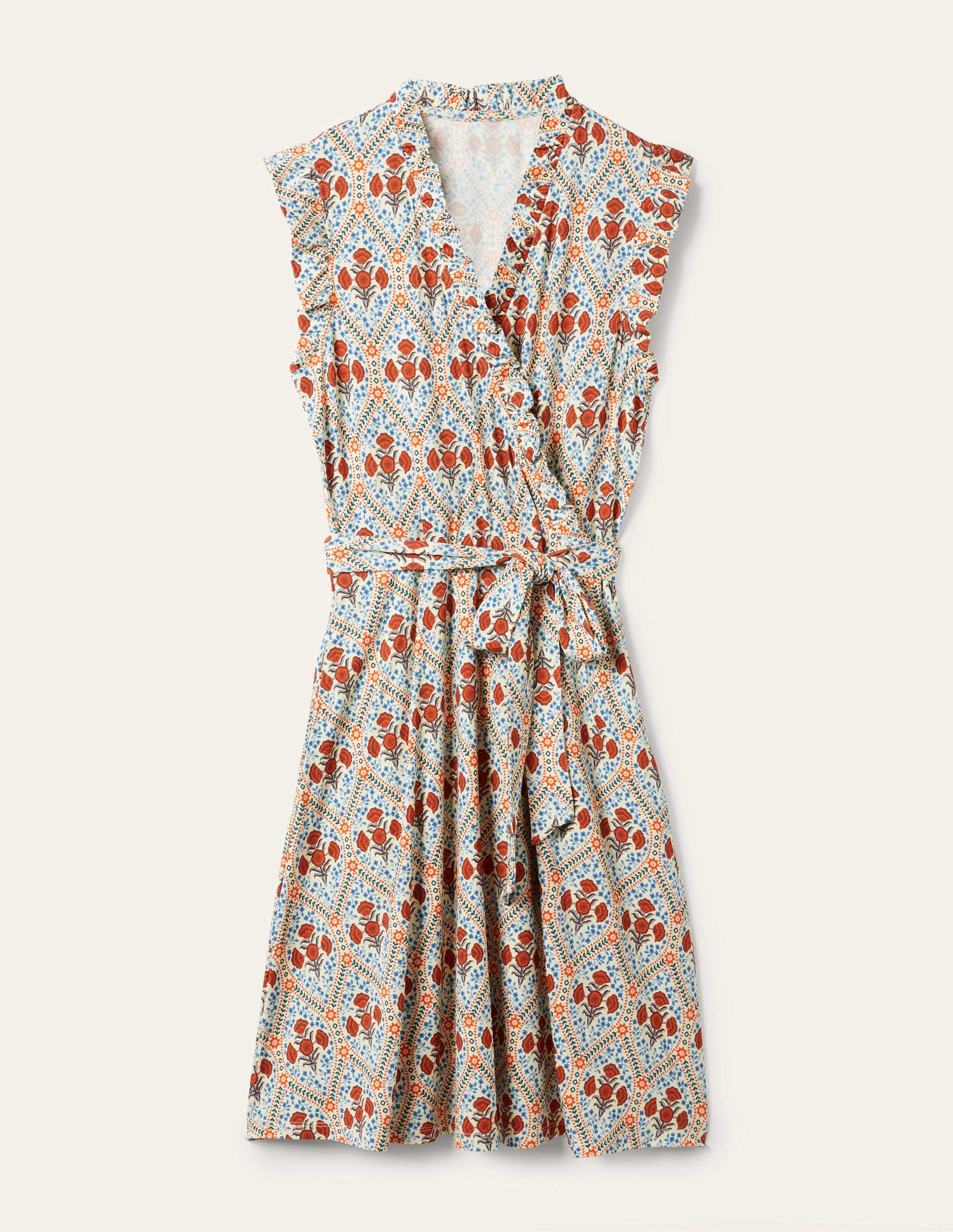 Jerseykleid mit fixierter Wickeloptik und Rüschen-Naturweiß, Mohnblumen-6