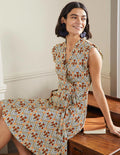 Jerseykleid mit fixierter Wickeloptik und Rüschen-Naturweiß, Mohnblumen