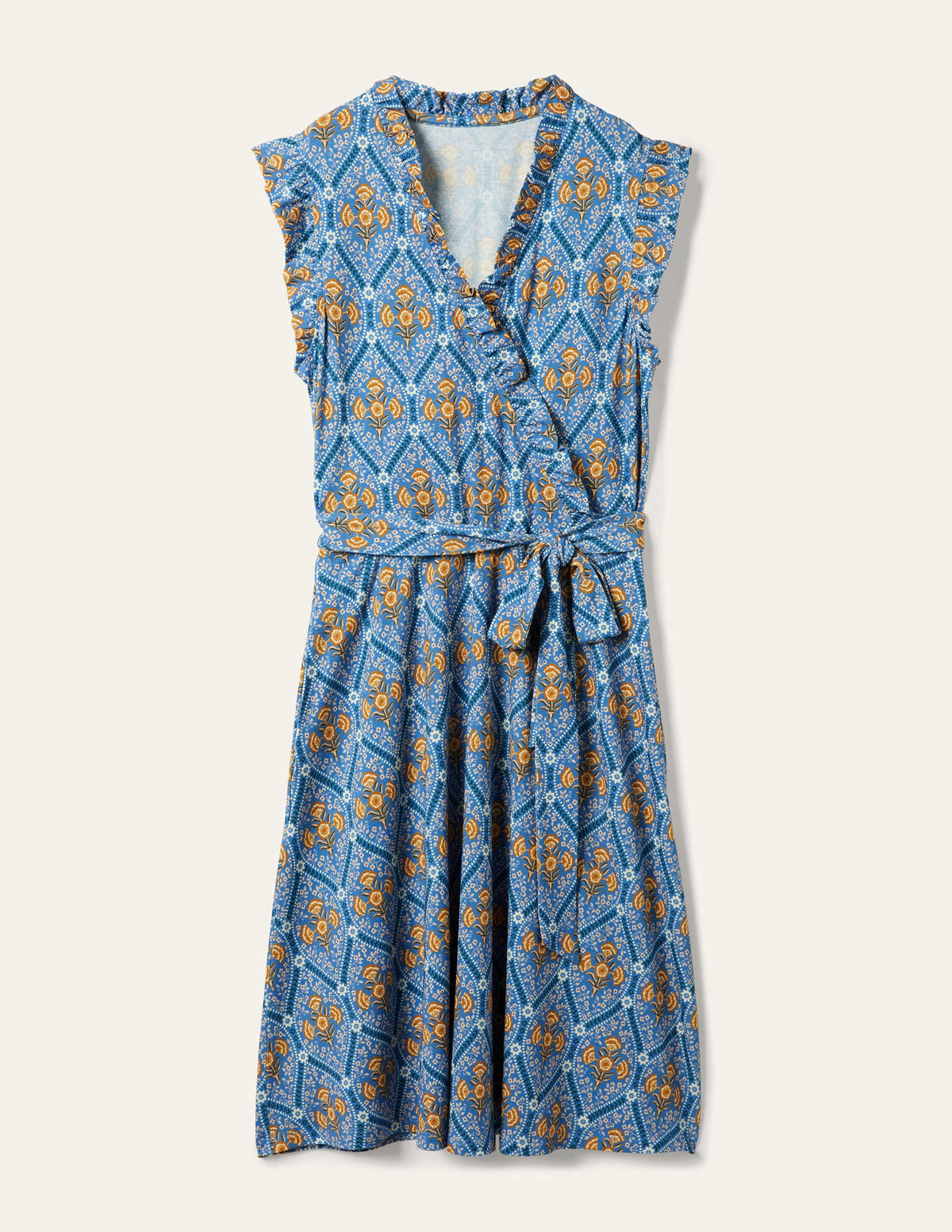 Robe volantée à effet portefeuille fixe en jersey-Bleu mosaïque, motif Poppy Bloom-5