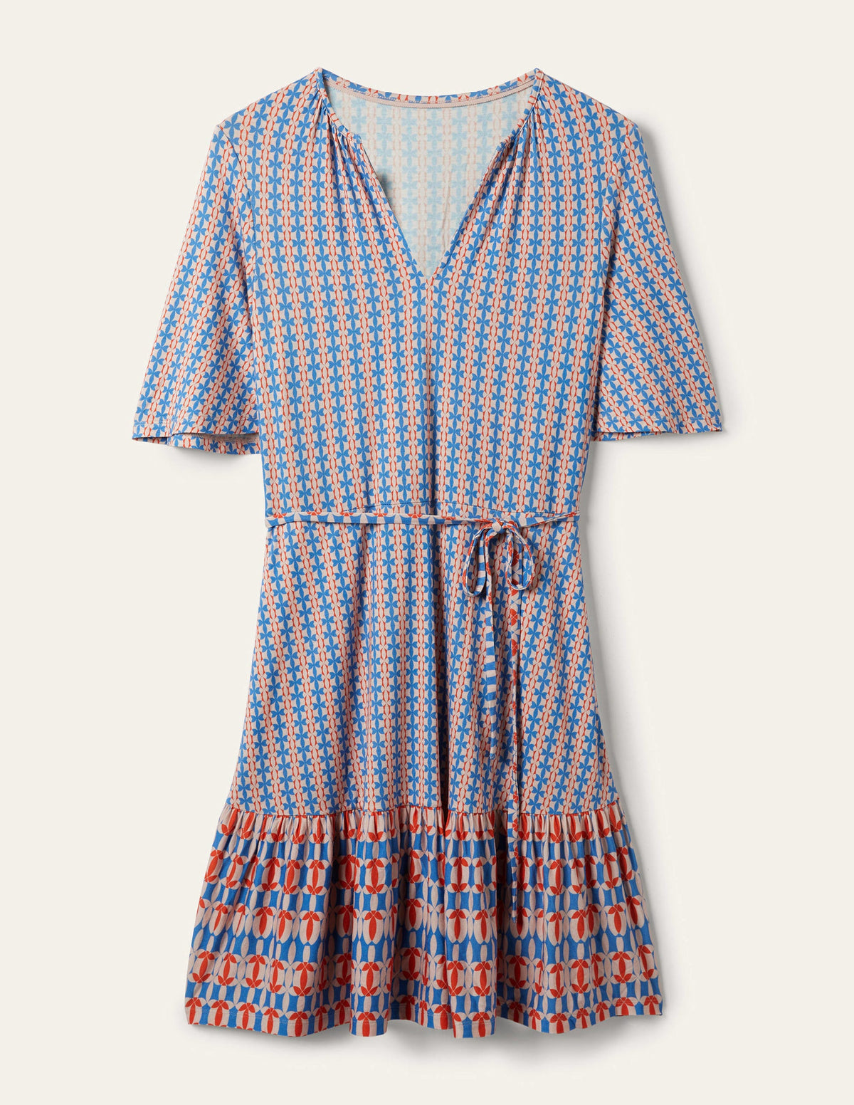 Robe volantée en jersey à col cranté-Bleu mosaïque, motif pétale géométrique-11