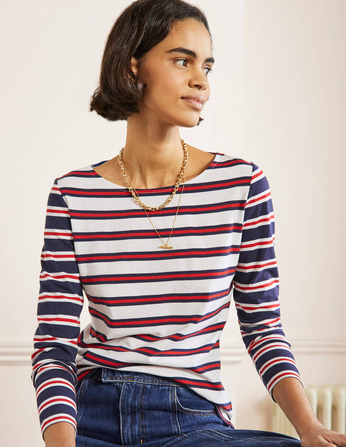 Langärmliges Bretonshirt-Naturweiß/Rot/Navy, Gestreift - Image 4