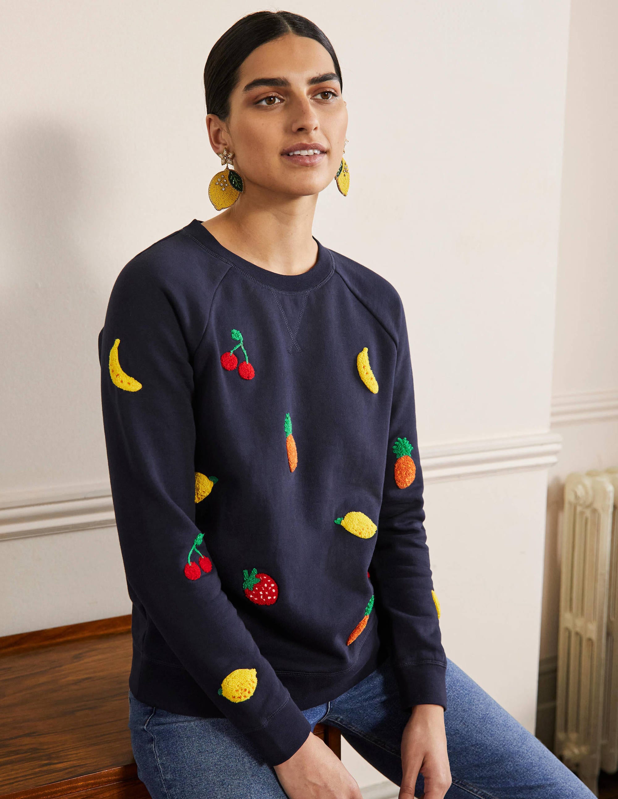 Gemustertes Sweatshirt aus Baumwolle-Navy, Bouclé-Früchtemotiv - Image 1