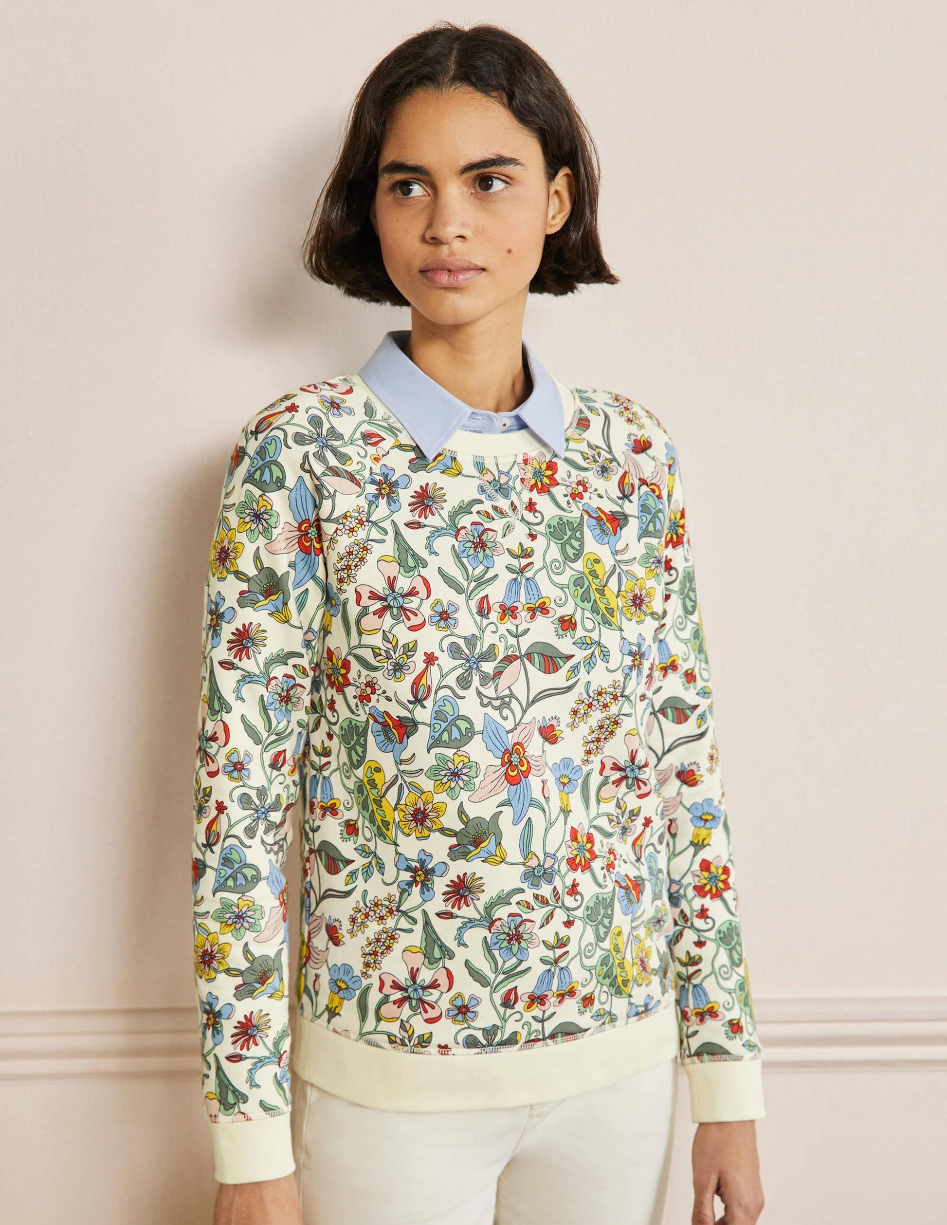 Gemustertes Sweatshirt aus Baumwolle-Naturweiß, Tropisches Blumenmuster-1