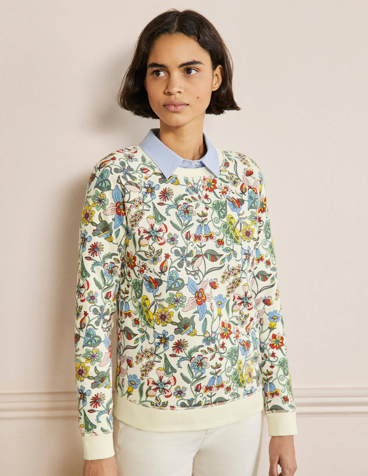 Gemustertes Sweatshirt aus Baumwolle-Naturweiß, Tropisches Blumenmuster - Image 1