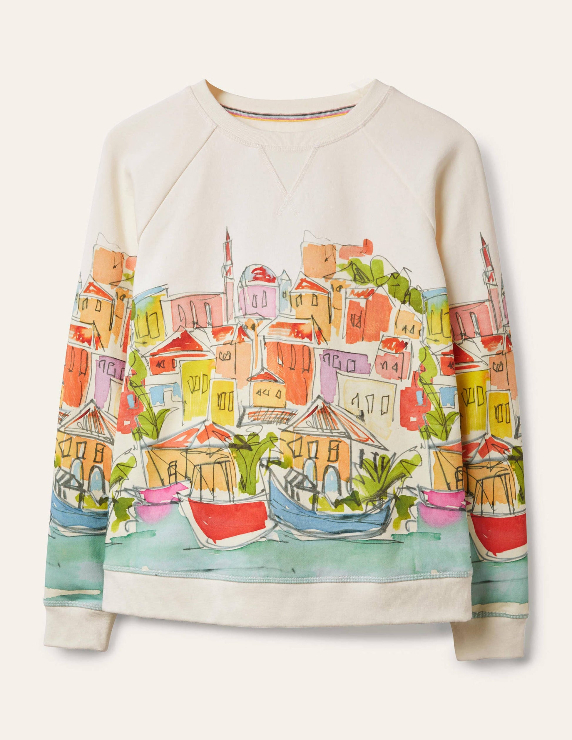 Gemustertes Sweatshirt aus Baumwolle-Surfblau, Regenbogen/Dorfmotiv-6