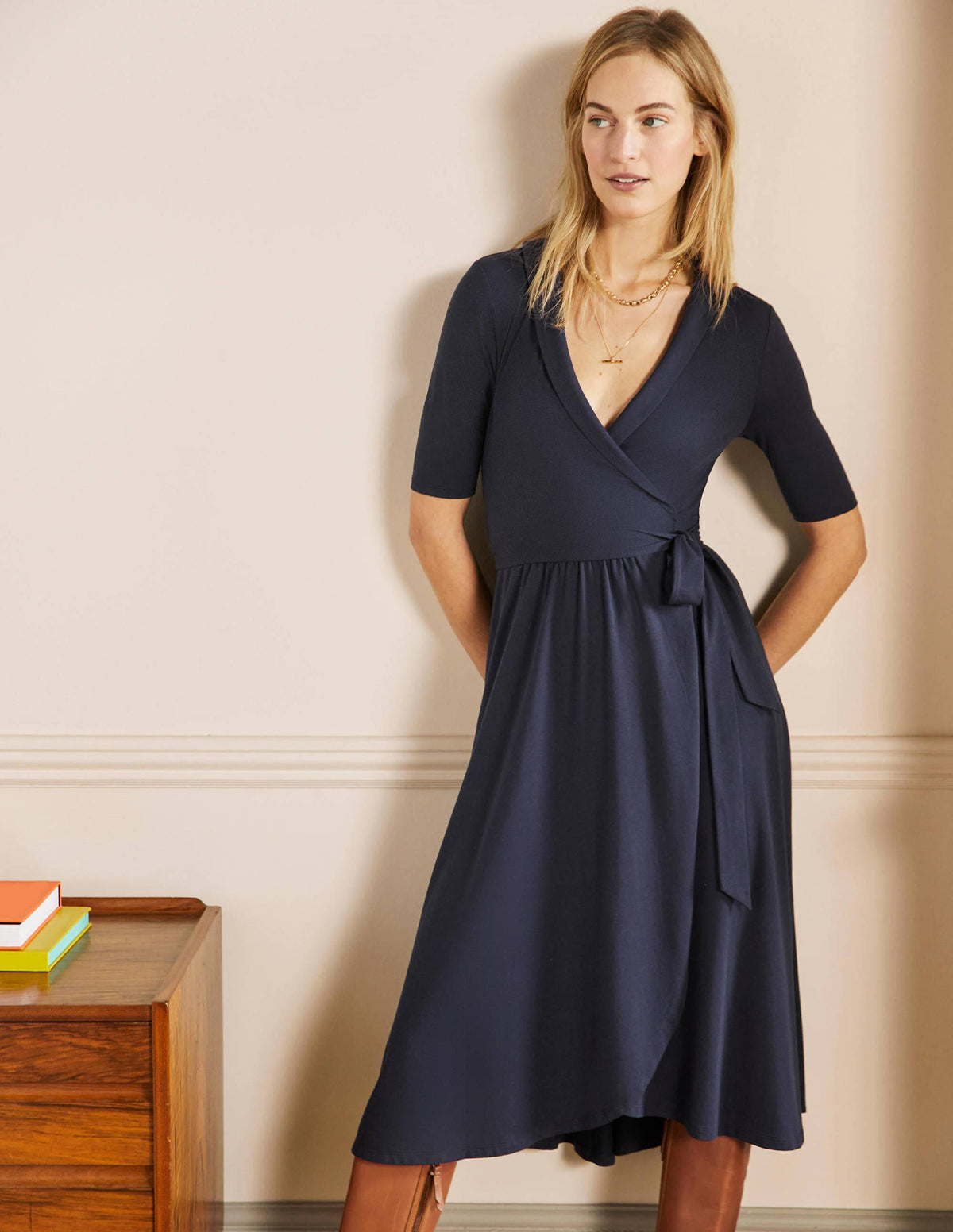 Lavinia Jersey Wrap Dress-Navy-1