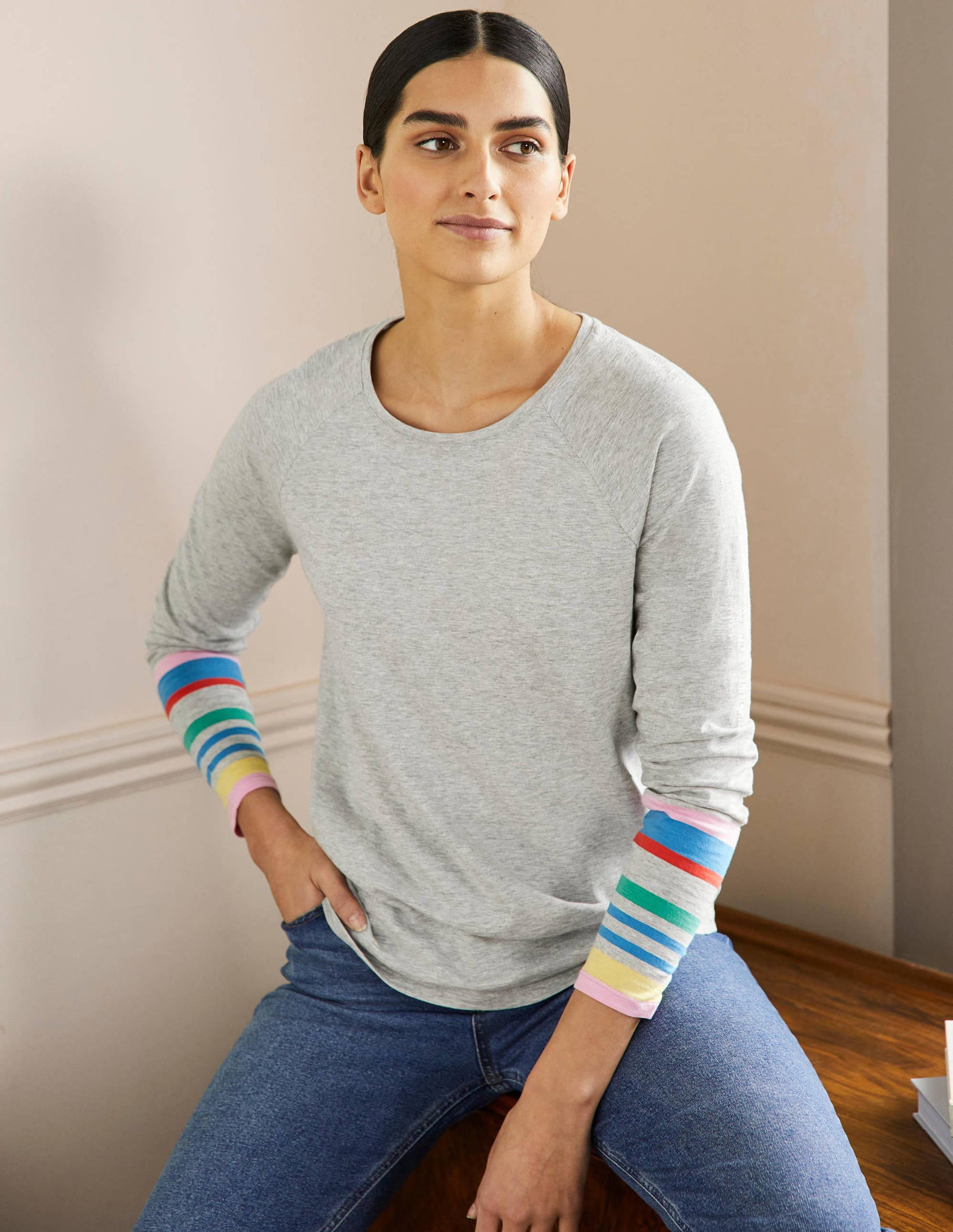 Lorna Jerseyoberteil im Baseball-Stil-Kirschblütenrosa, Graue Bündchen-1