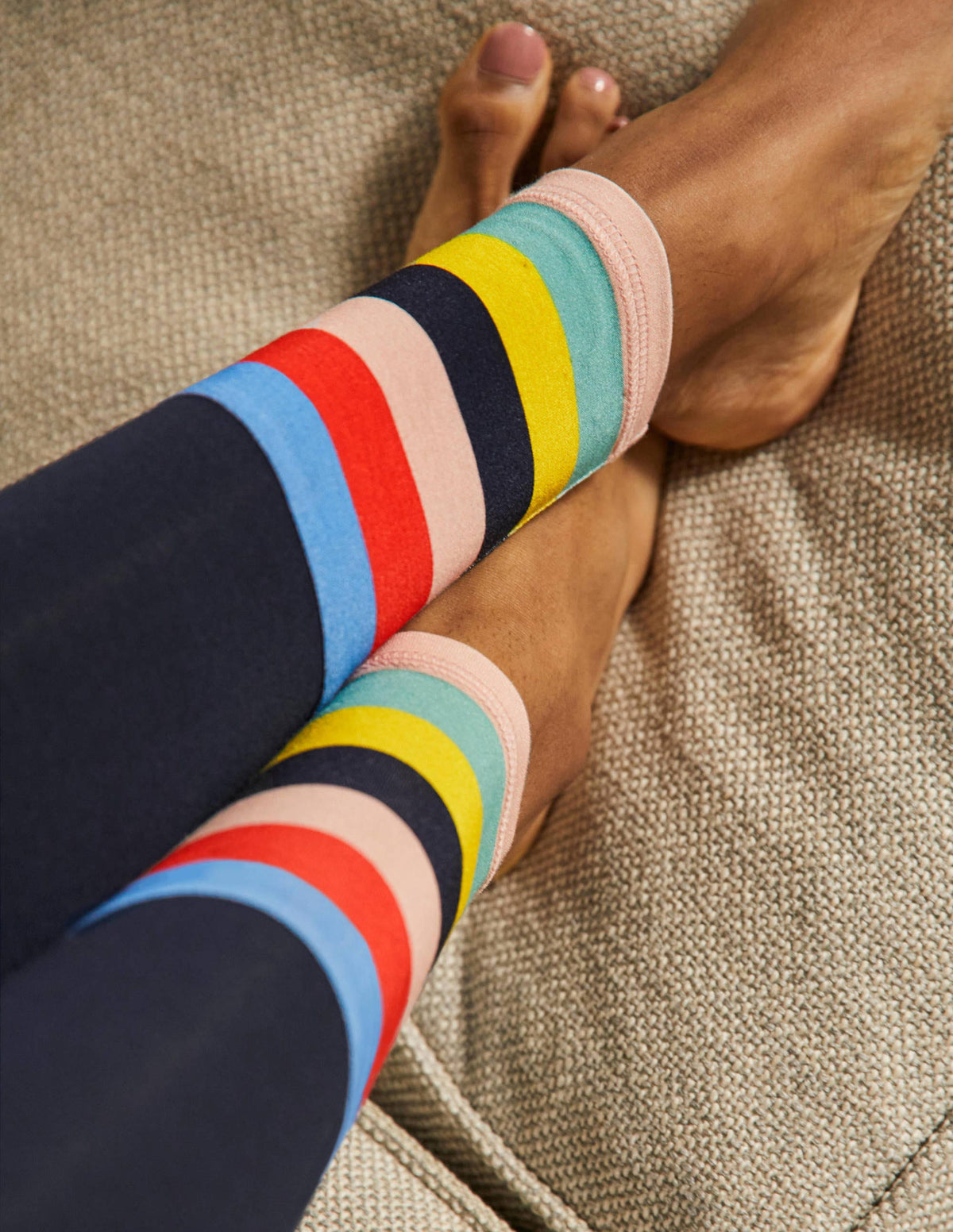 Jerseyleggings mit hoher Taille-Navy, Regenbogenbündchen-2