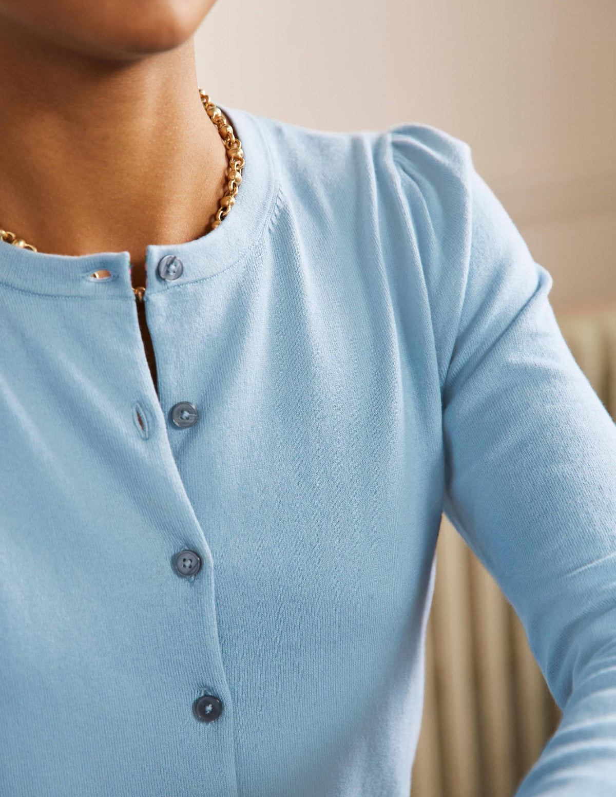 Cotton Crew Neck Cardigan-Dusty Blue-2