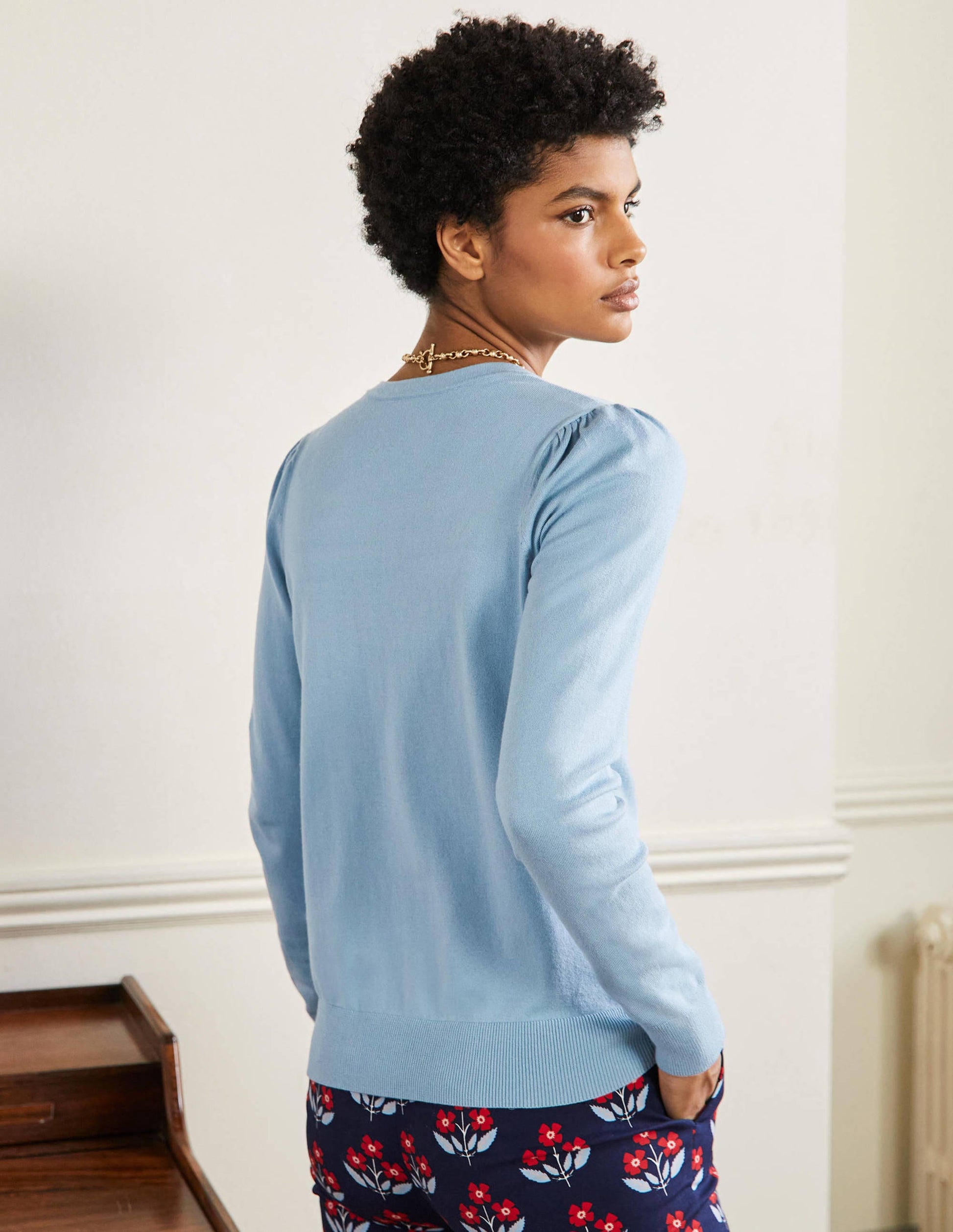 Cotton Crew Neck Cardigan-Dusty Blue-3