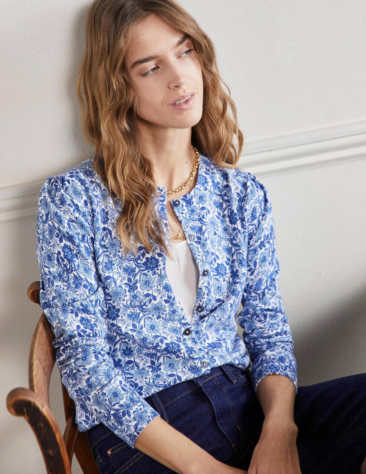 Baumwollcardigan mit Rundhalsausschnitt-Morgendämmerungsblau, Blumenmuster-1