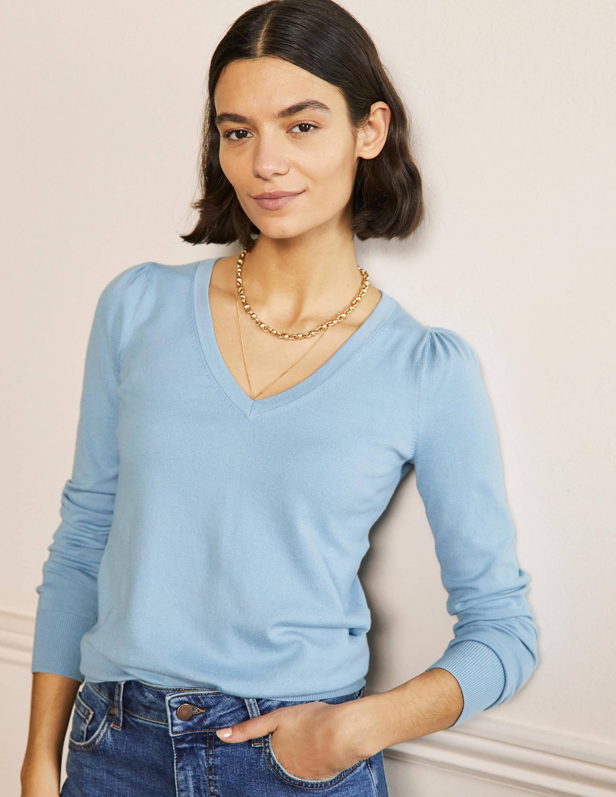 Baumwollpullover mit V-Ausschnitt-Gedecktes Blau - Image 1