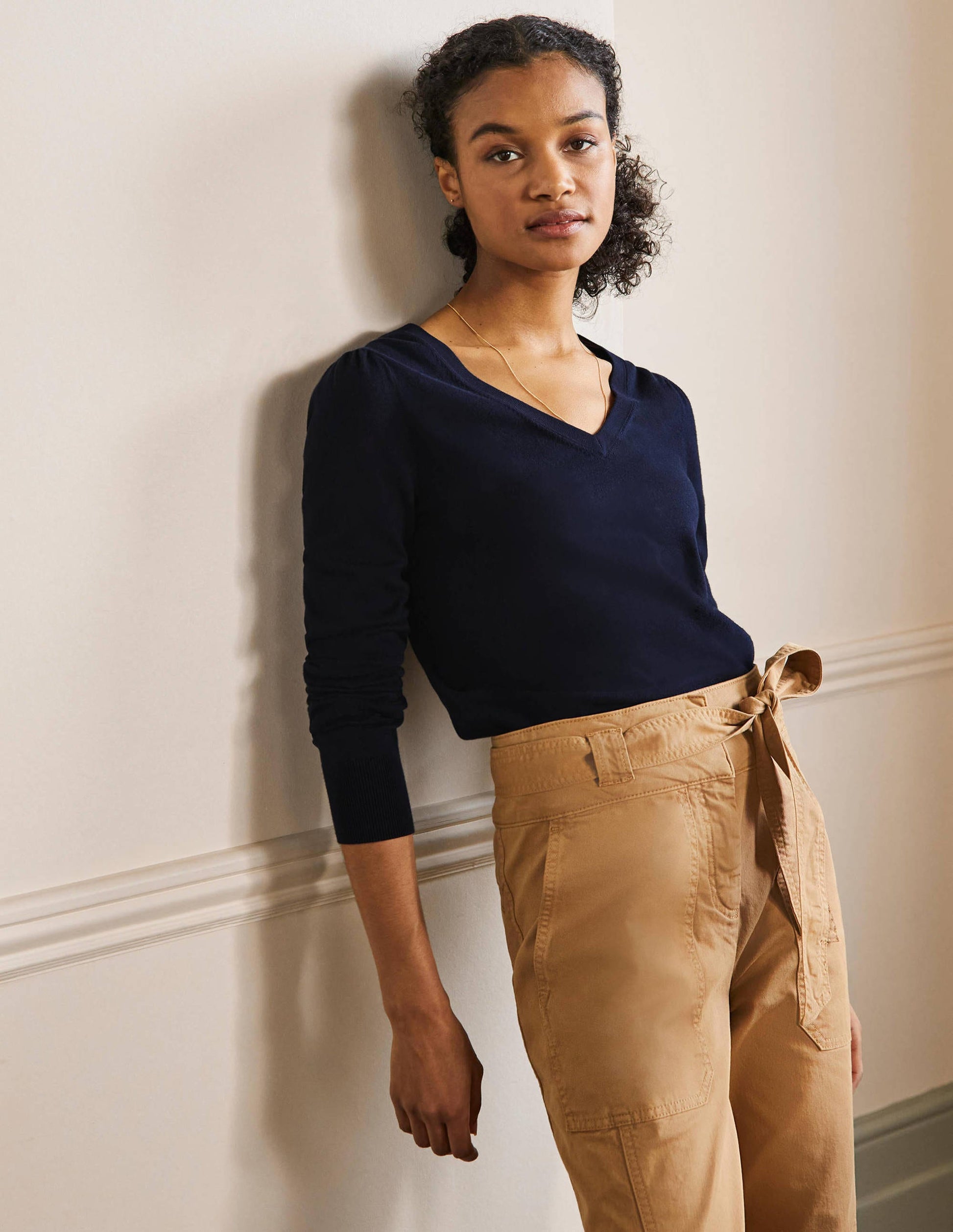 Cotton V-Neck Jumper-Navy-4